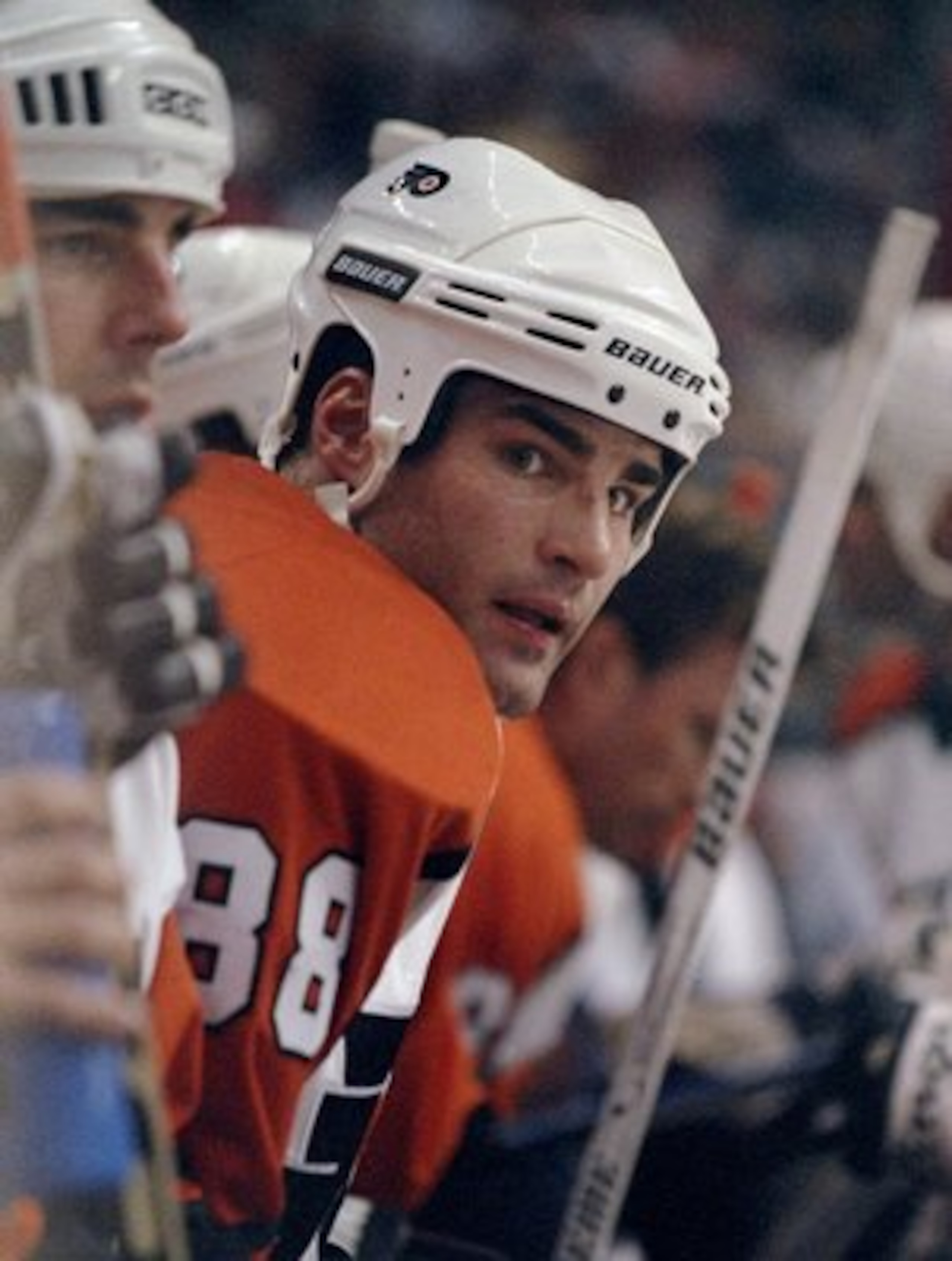 22 Apr 1998:  Center Eric Lindros of the Philadelphia Flyers watches the action during a game against the Buffalo Sabres at the Corestates Center in Philadelphia, Pennsylvania. The Sabres defeated the Flyers 3-2. Mandatory Credit: Craig Melvin  /Allsport