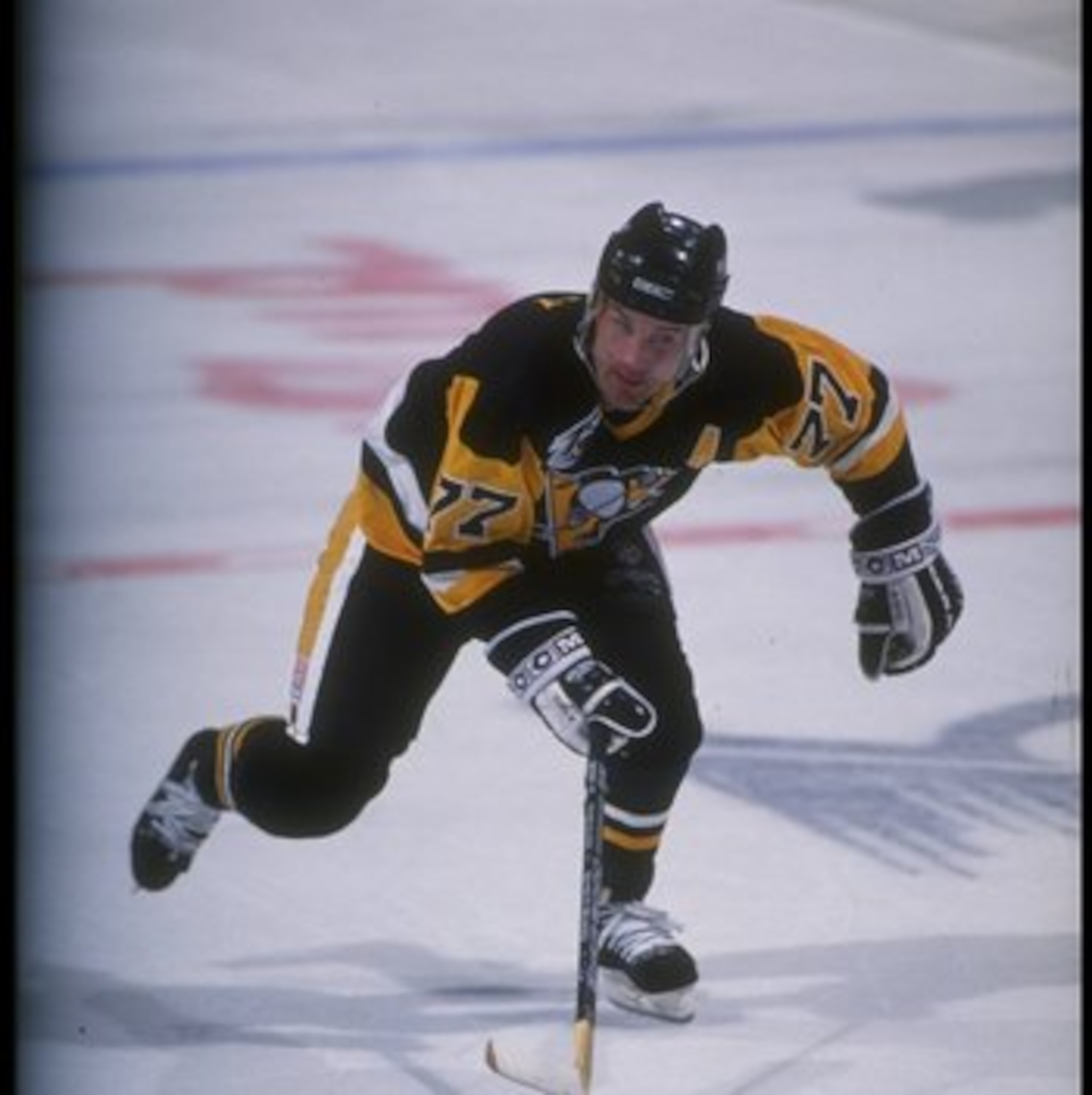 Defenseman Paul Coffey of the Pittsburgh Penguins moves down the ice during a game against the Buffalo Sabres at Memorial Auditorium in Buffalo, New York.