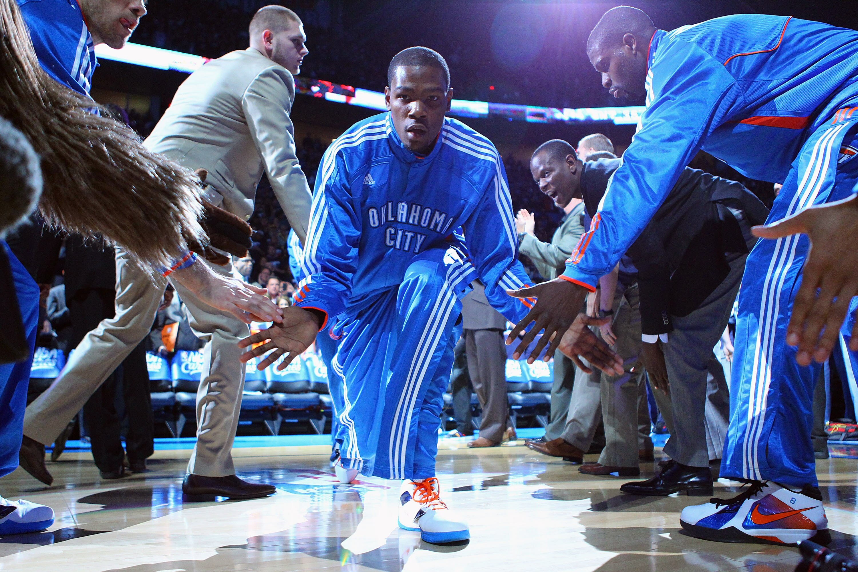 OKLAHOMA CITY, OK - APRIL 27: Kevin Durant #35 of the Oklahoma City Thunder is introduced prior to playing against the Denver Nuggets in Game Five of the Western Conference Quarterfinals in the 2011 NBA Playoffs on April 27, 2011 at the Ford Center in Okl