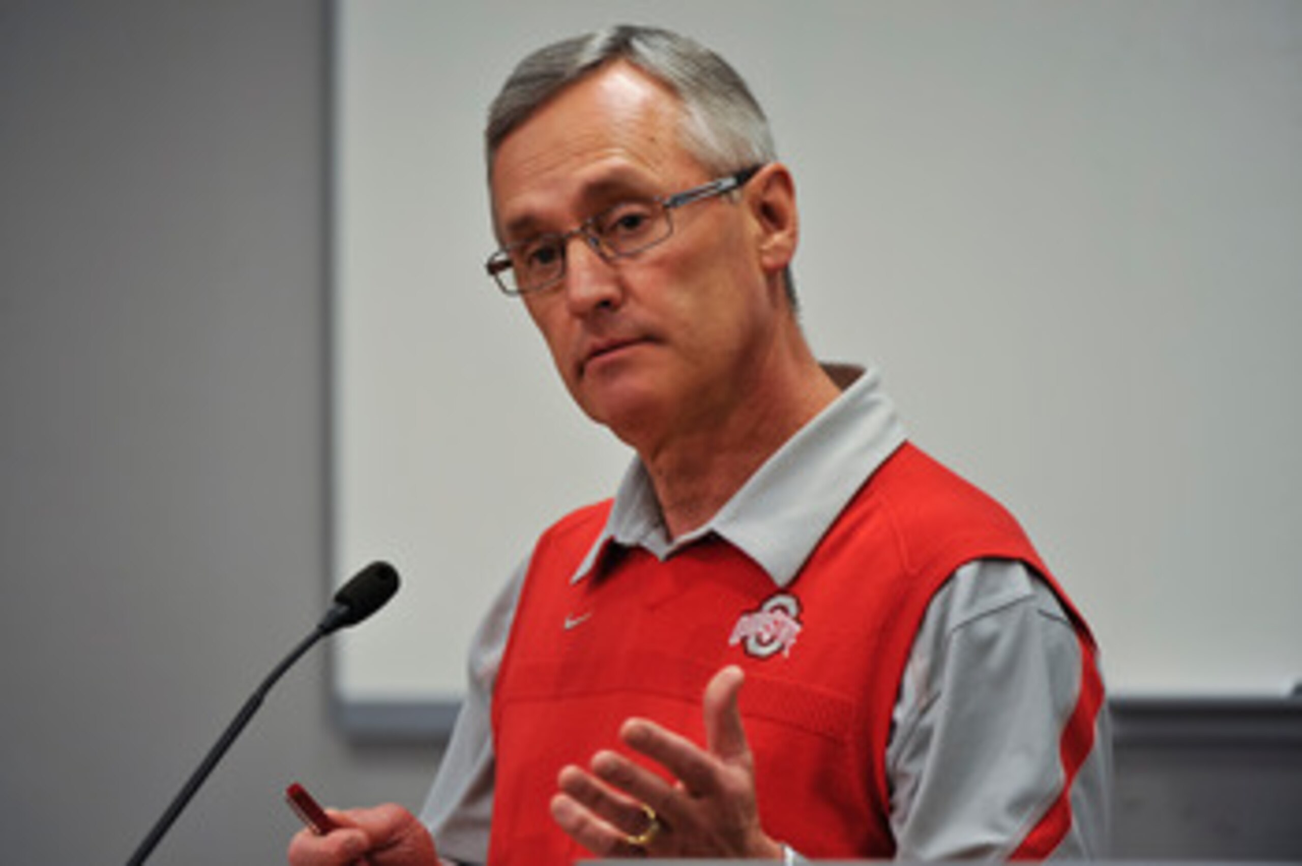 COLUMBUS, OH - MARCH 30:  Head Coach Jim Tressel speaks to the media during a press conference before the start of Spring practices at the Woody Hayes Athletic Center at The Ohio State University on March 30, 2011 in Columbus, Ohio. (Photo by Jamie Sabau/