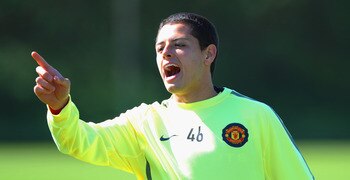 MANCHESTER, ENGLAND - MAY 03: Javier Hernandez  looks on during a training session ahead of their UEFA Champions League semi final second leg match against Schalke 04 at the Carrington Training Ground on May 3, 2011 in Manchester, England.  (Photo by Mich