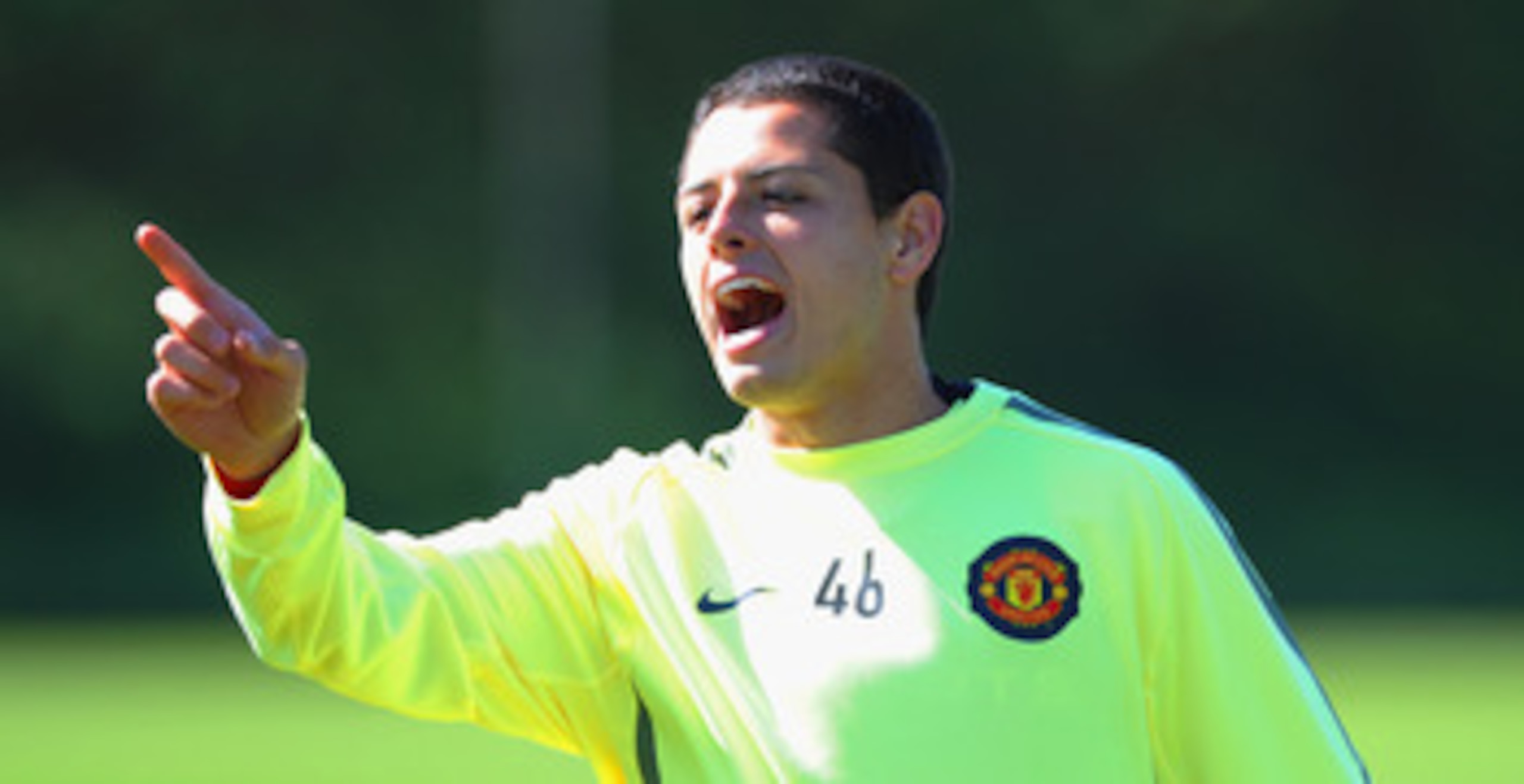 MANCHESTER, ENGLAND - MAY 03: Javier Hernandez  looks on during a training session ahead of their UEFA Champions League semi final second leg match against Schalke 04 at the Carrington Training Ground on May 3, 2011 in Manchester, England.  (Photo by Mich