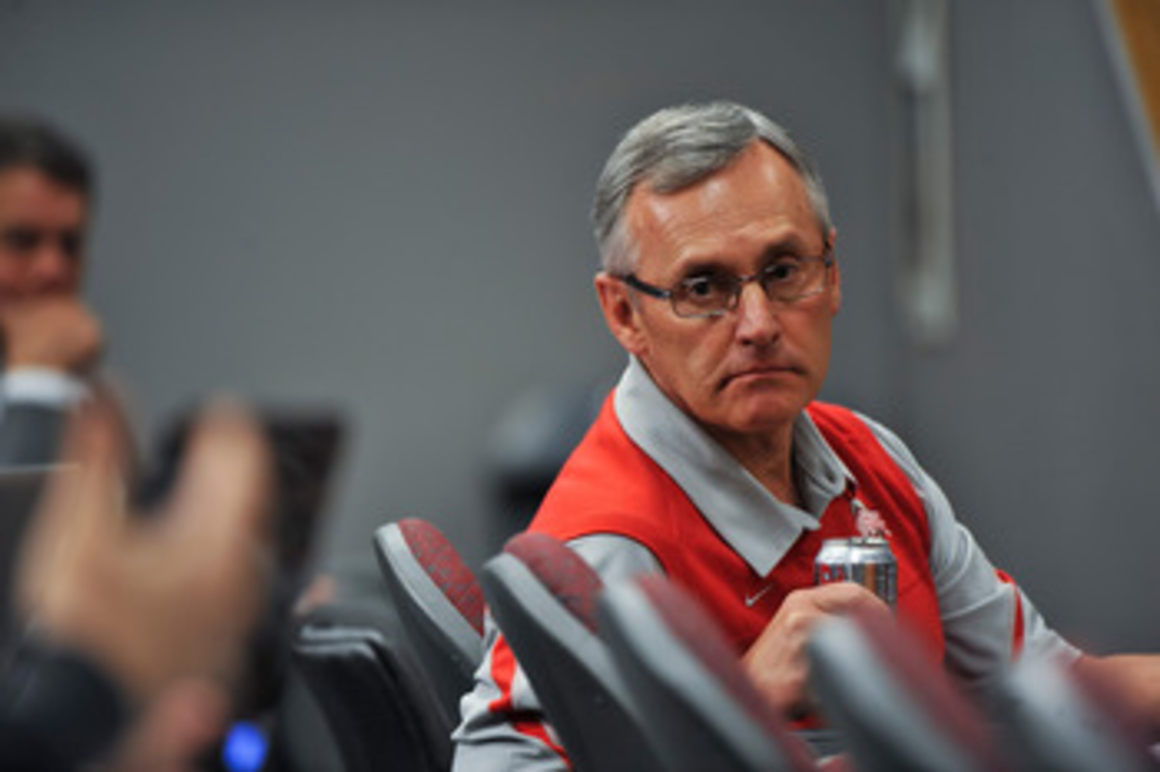 COLUMBUS, OH - MARCH 30:  Head Coach Jim Tressel listens to a member of the media during a press conference before the start of Spring practices at the Woody Hayes Athletic Center at The Ohio State University on March 30, 2011 in Columbus, Ohio. (Photo by