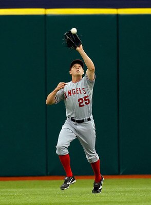 ST. PETERSBURG, FL - MAY 01: Outfielder Peter Bourjos #25 of the Los Angeles Angels of Anaheim catches a fly ball against the Tampa Bay Rays during the game at Tropicana Field on May 1, 2011 in St. Petersburg, Florida. (Photo by J. Meric/Getty Images) ST. PETERSBURG, FL - MAY 01: Outfielder Peter Bourjos #25 of the Los Angeles Angels of Anaheim catches a fly ball against the Tampa Bay Rays during the game at Tropicana Field on May 1, 2011 in St. Petersburg, Florida. (Photo by J. Meric/Getty Images)