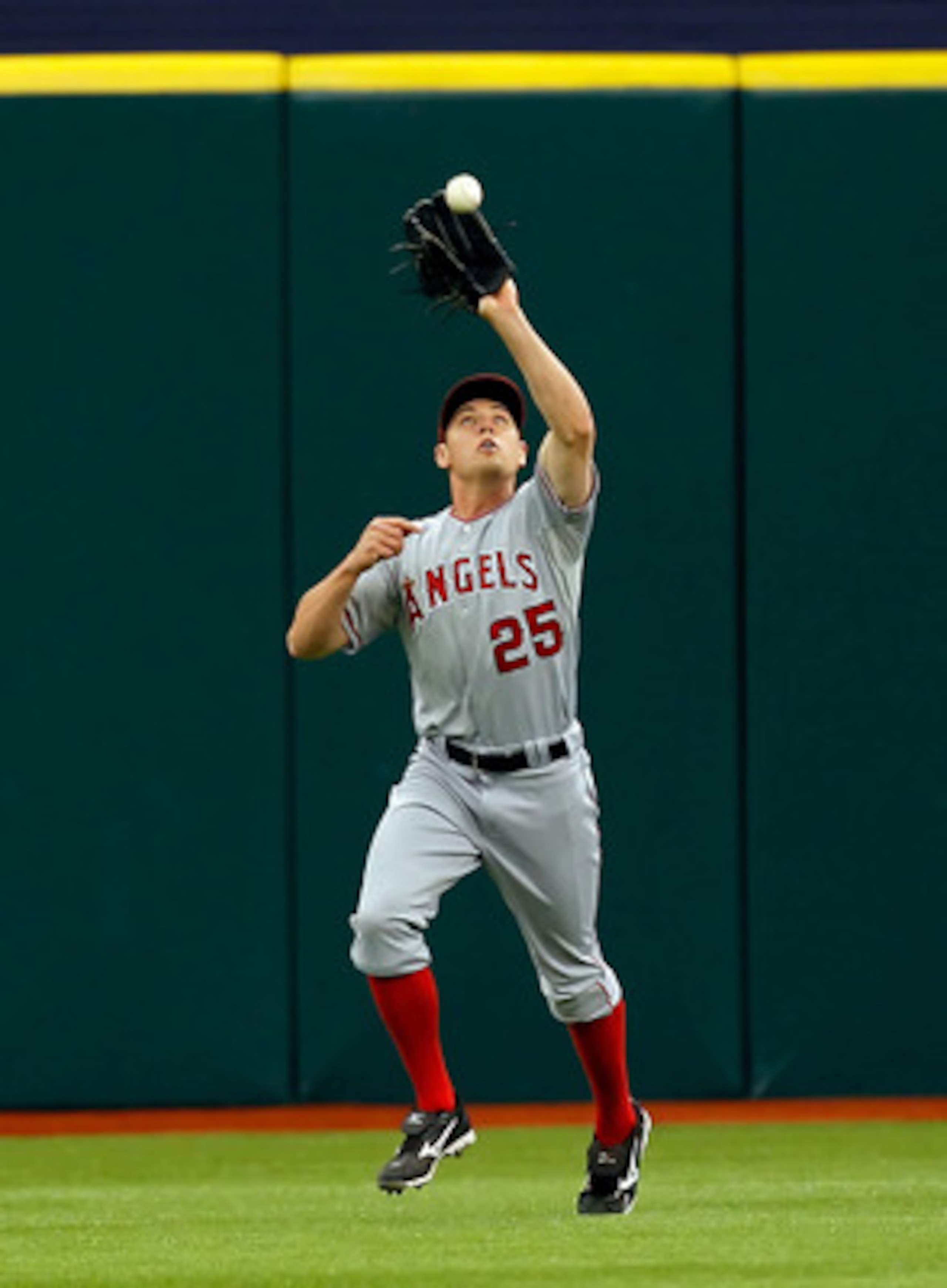 ST. PETERSBURG, FL - MAY 01:  Outfielder Peter Bourjos #25 of the Los Angeles Angels of Anaheim catches a fly ball against the Tampa Bay Rays during the game at Tropicana Field on May 1, 2011 in St. Petersburg, Florida.  (Photo by J. Meric/Getty Images)