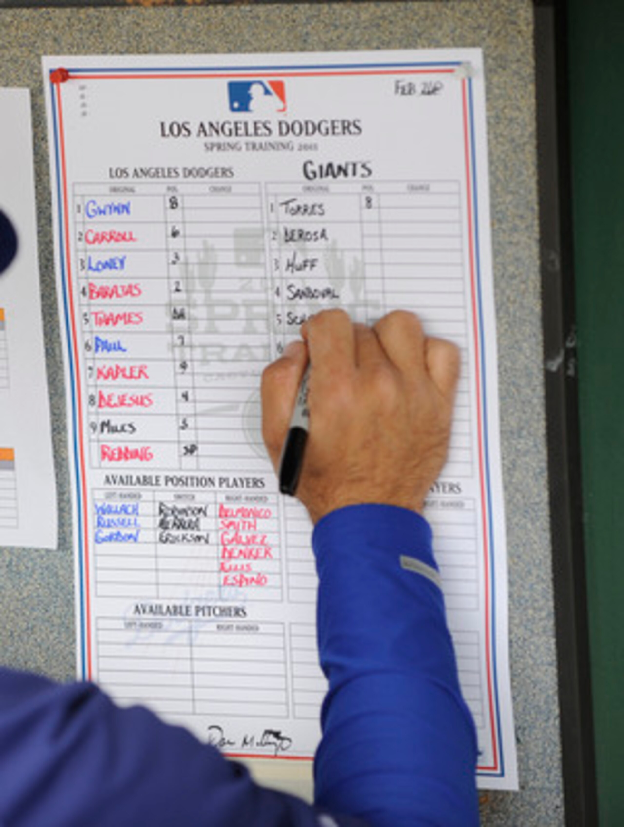 SCOTTSDALE, AZ - FEBRUARY 26: Bench coach Trey Hillman of the Los Angeles Dodgers fills out the lineup card before a spring training game the San Francisco Giants at Scottsdale Stadium on February 26, 2011 in Scottsdale, Arizona. (Photo by Rob Tringali/Ge