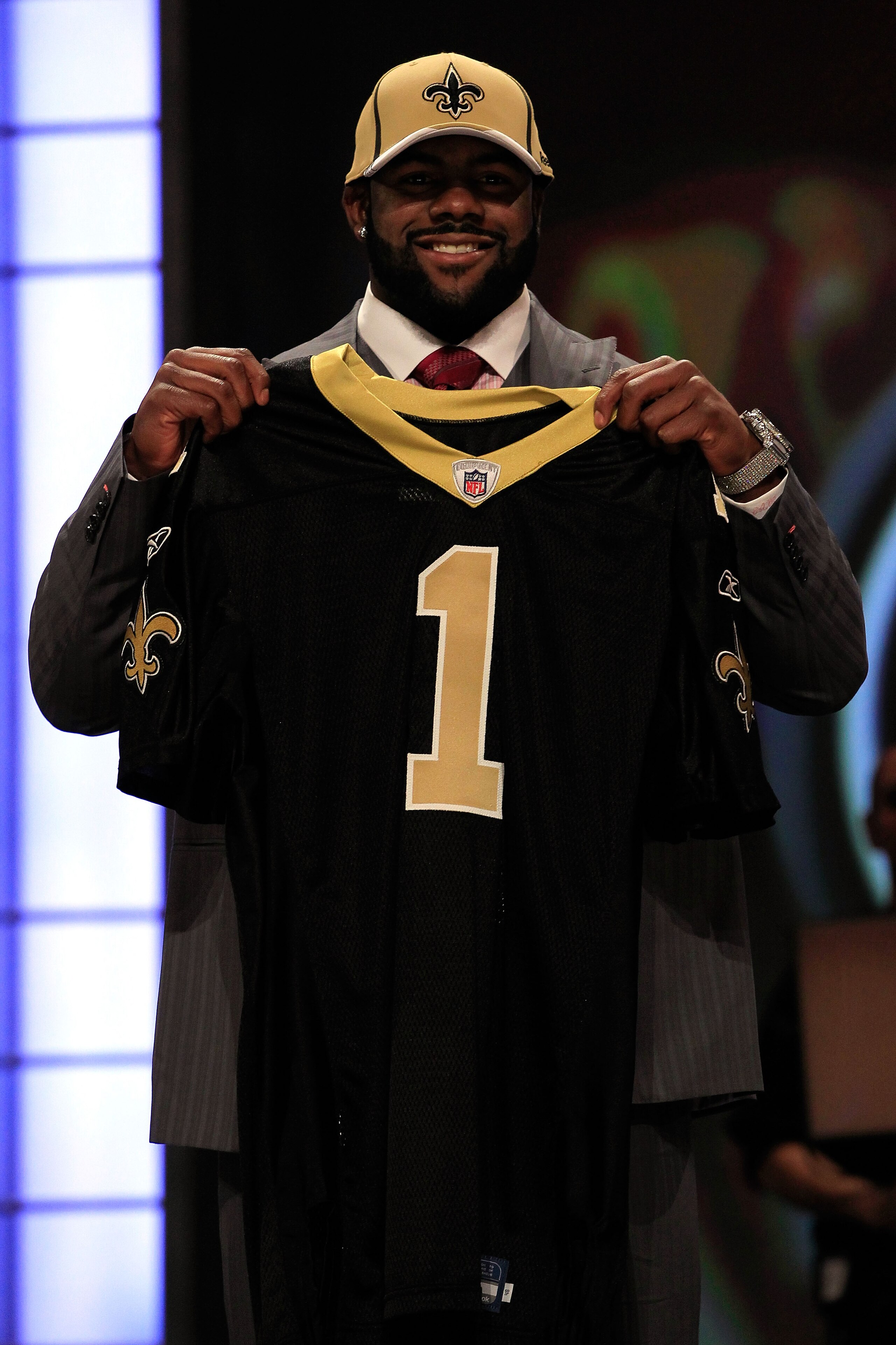 NEW YORK, NY - APRIL 28:  Mark Ingram, #28 overall pick by the New Orleans Saints, holds up a jersey on stage during the 2011 NFL Draft at Radio City Music Hall on April 28, 2011 in New York City.  (Photo by Chris Trotman/Getty Images)