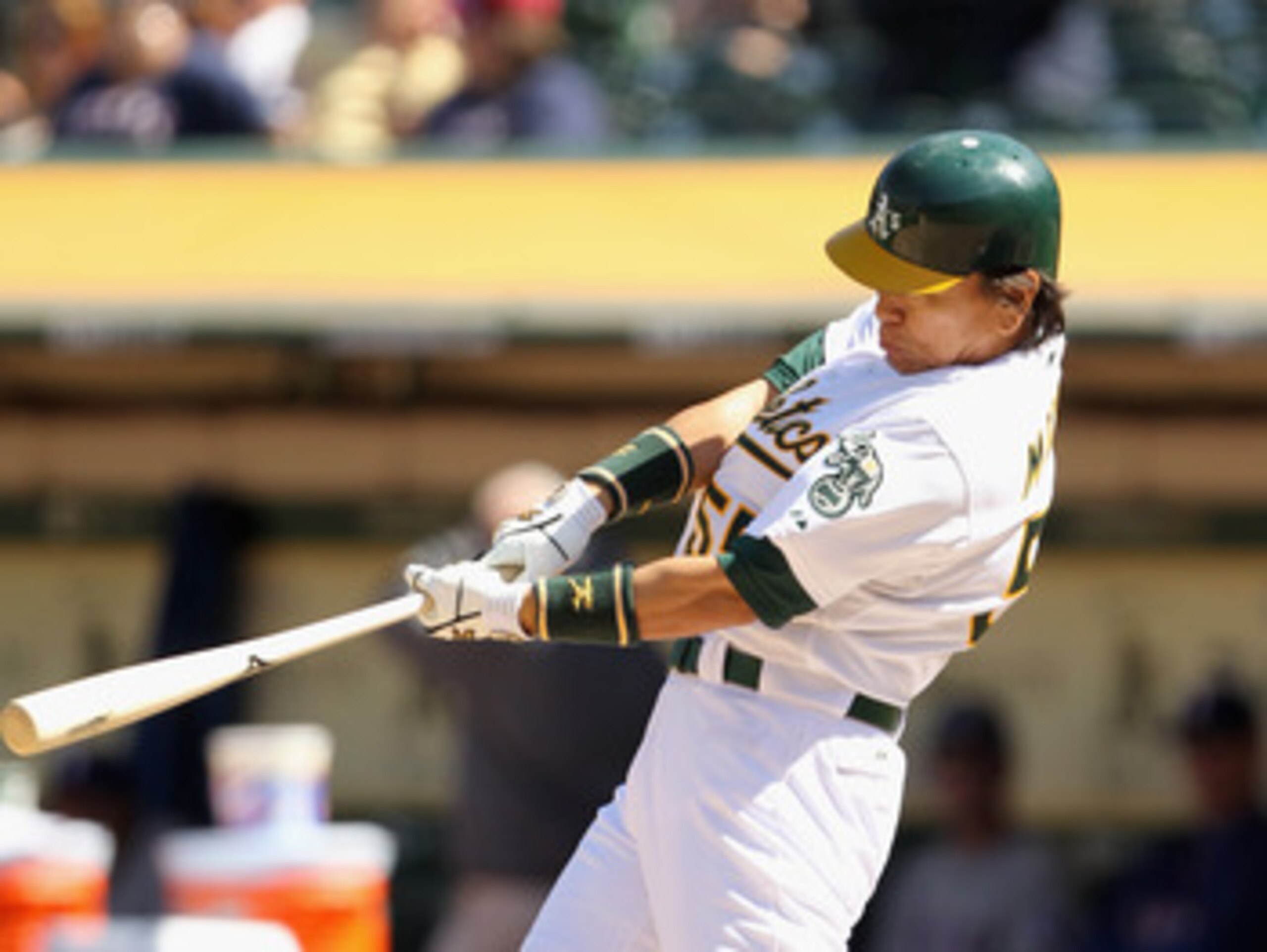 OAKLAND, CA - MAY 02: Hideki Matsui #55 of the Oakland Athletics hits a walk off home run to win the game in the tenth inning against the Texas Rangers at Oakland-Alameda County Coliseum on May 2, 2011 in Oakland, California. (Photo by Ezra Shaw/Getty I OAKLAND, CA - MAY 02: Hideki Matsui #55 of the Oakland Athletics hits a walk off home run to win the game in the tenth inning against the Texas Rangers at Oakland-Alameda County Coliseum on May 2, 2011 in Oakland, California. (Photo by Ezra Shaw/Getty I