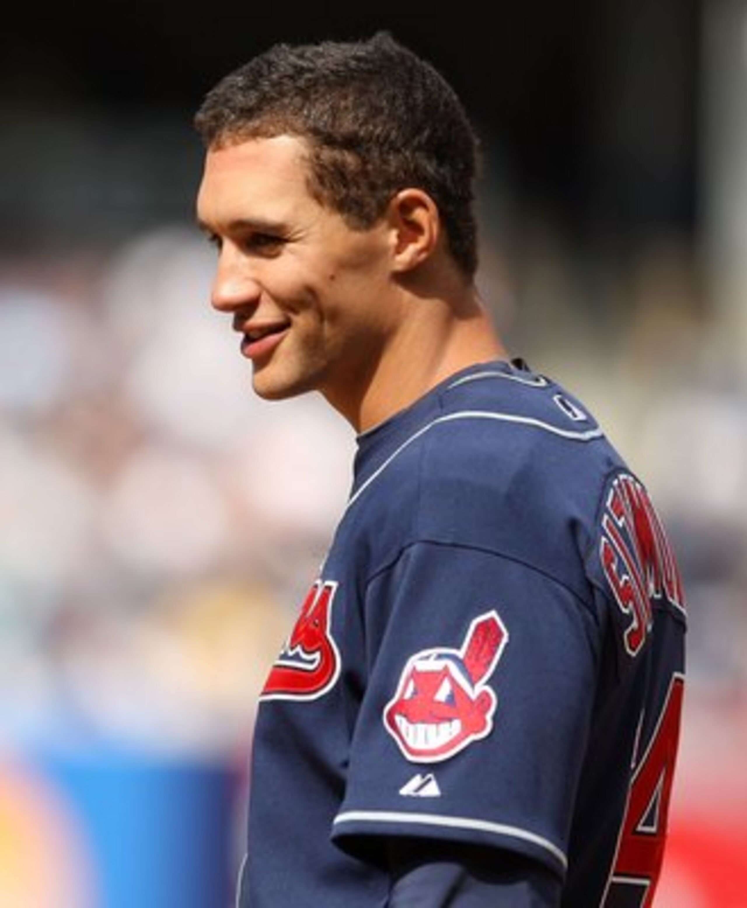 NEW YORK - APRIL 19:  Grady Sizemore #24 of the Cleveland Indians stands on first base after getting a hit during their game against the New York Yankees at Yankee Stadium on April 19, 2009 in the Bronx borough of New York City.  (Photo by Ezra Shaw/Getty