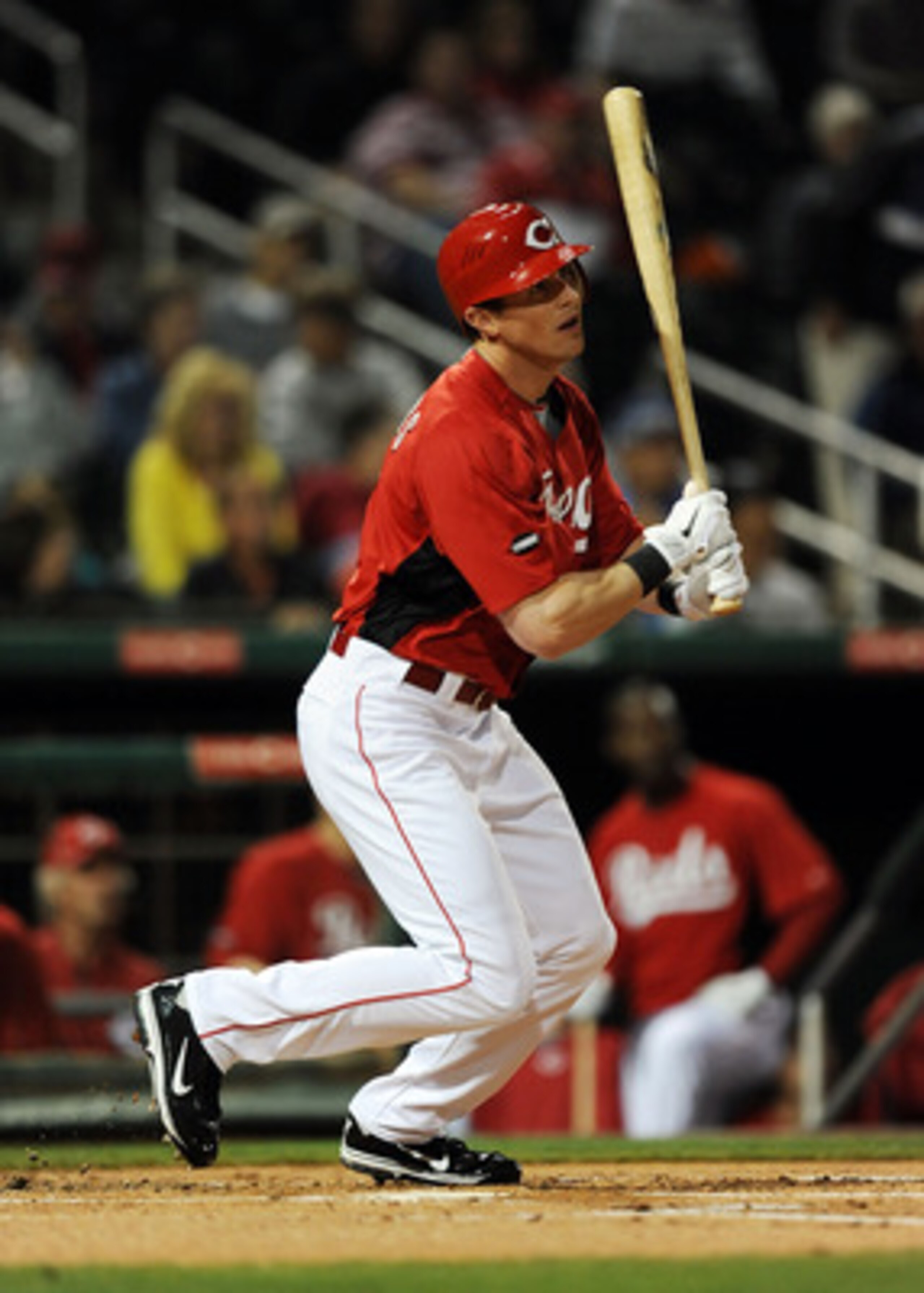 GOODYEAR, AZ - MARCH 03:  Drew Stubbs #6 of the Cincinnati Reds watches the ball as he comes out of the batters box against the Los Angeles Dodgers at Goodyear Ballpark on March 3, 2011 in Goodyear, Arizona.  (Photo by Norm Hall/Getty Images)