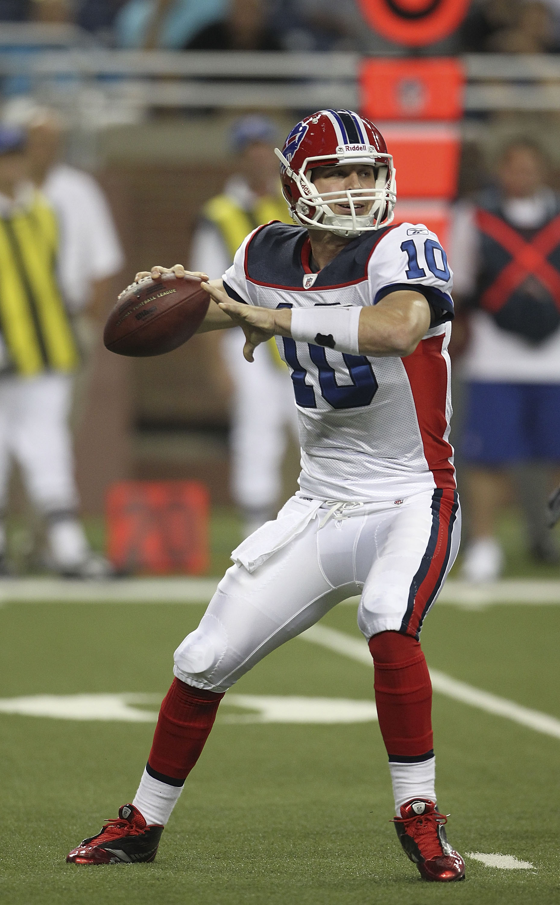 DETROIT - SEPTEMBER 02: Levi Brown #10 of the Buffalo Bills drops back to pass during the fouth of the preseason game at Ford Field on September 2, 2010 in Detroit, Michigan. The Lions defeated the Bills 28-23.  (Photo by Leon Halip/Getty Images)