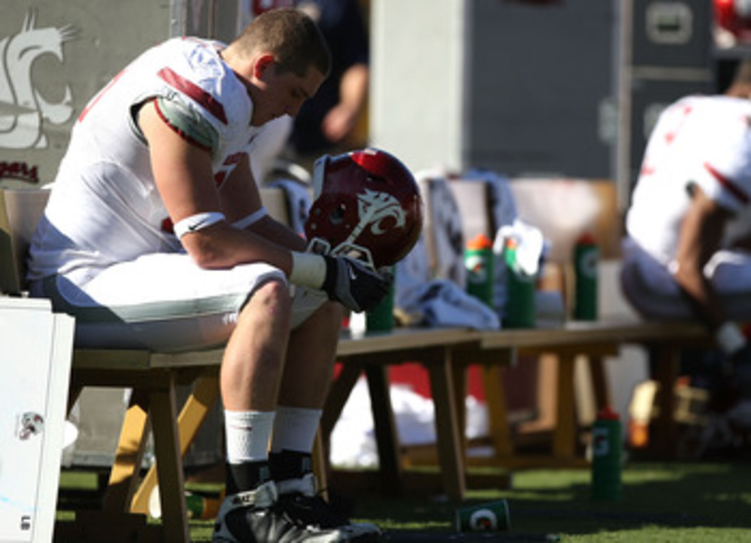 BERKELEY, CA - OCTOBER 24: Travis Long #89 of the Washington State Cougars sits on the bench against the California Golden Bears at California Memorial Stadium on October 24, 2009 in Berkeley, California.  (Photo by Jed Jacobsohn/Getty Images)