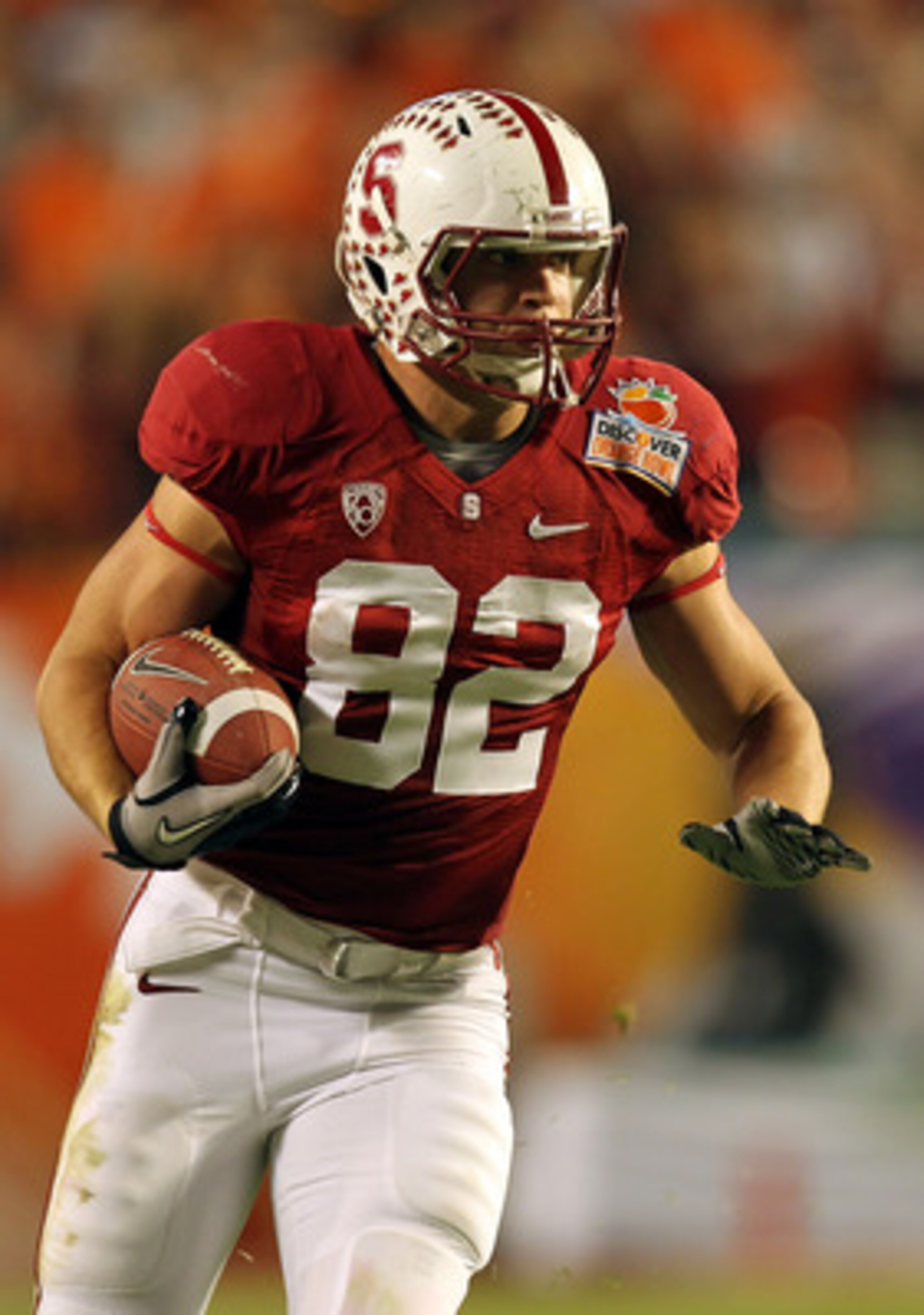 MIAMI, FL - JANUARY 03:  Coby Fleener #82 of the Stanford Cardinal runs for yards after the catch against the Virginia Tech Hokies during the 2011 Discover Orange Bowl at Sun Life Stadium on January 3, 2011 in Miami, Florida. Stanford won 40-12. (Photo by