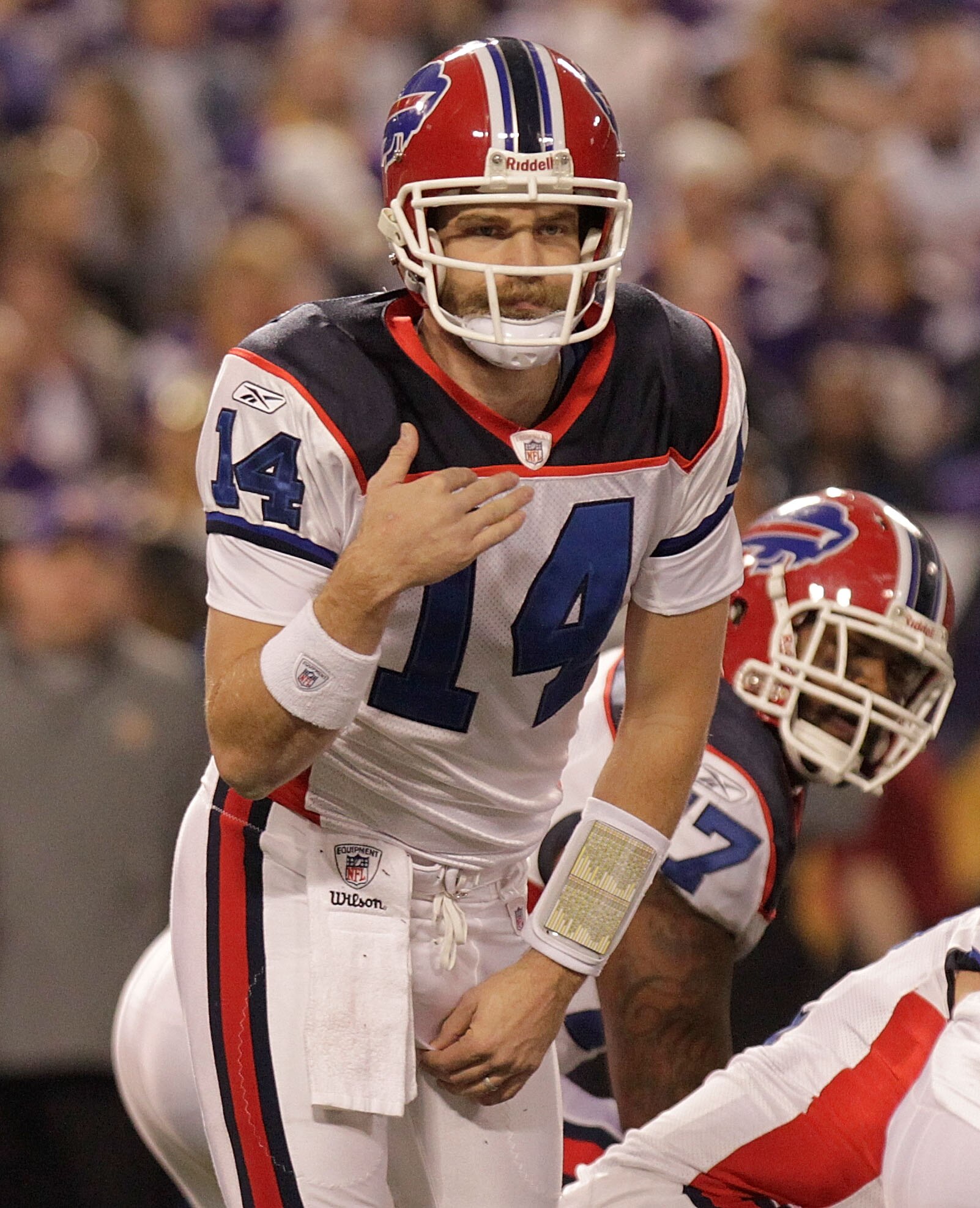 MINNEAPOLIS, MN - DECEMBER 05:  Ryan Fitzpatrick #14 of the Buffalo Bills stands at the line against the Minnesota Vikings at the Mall of America Field at the Hubert H. Humphrey Metrodome on December 5, 2010 in Minneapolis, Minnesota.  (Photo by Nick Laha