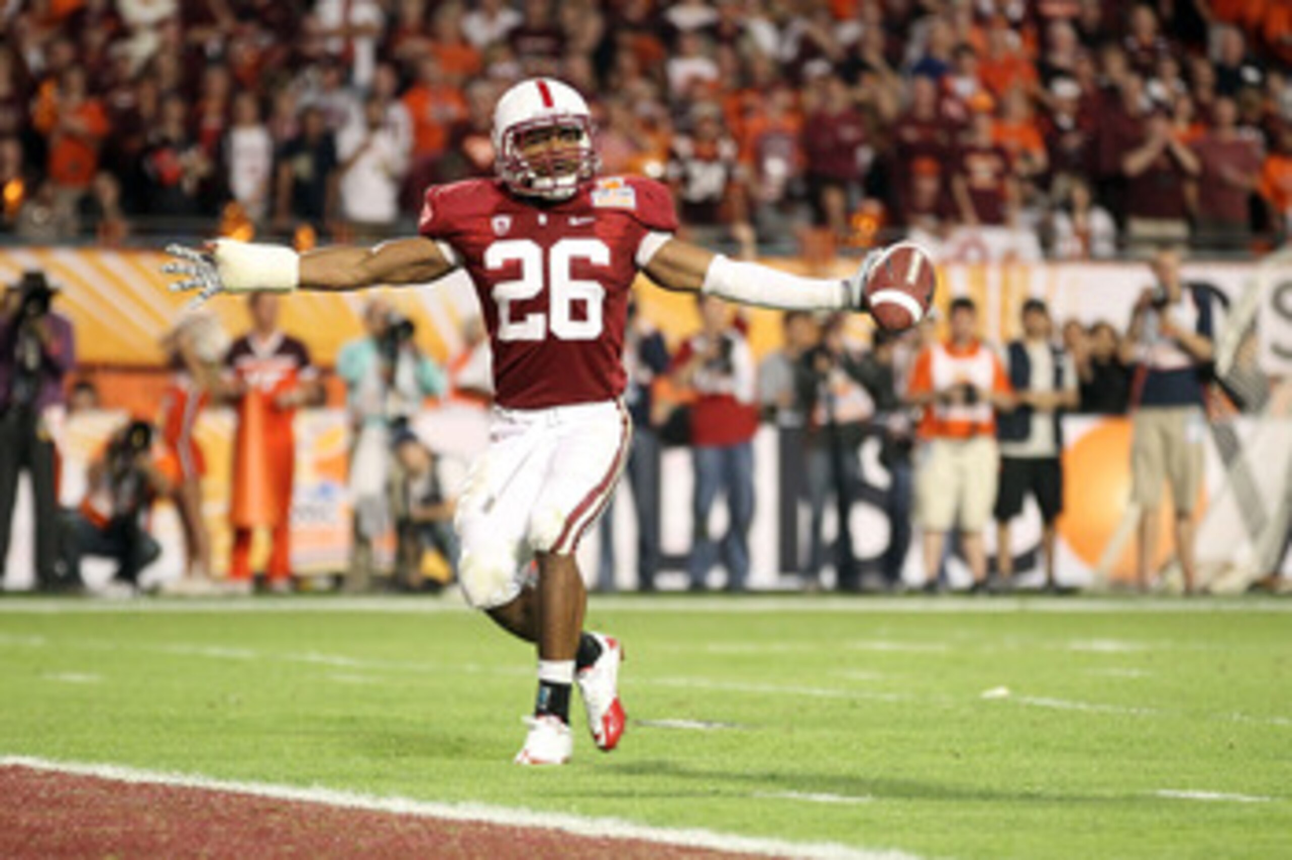 MIAMI, FL - JANUARY 03: Delano Howell #26 of the Stanford Cardinal reacts after he intercepted a pass against the Virginia Tech Hokies during the 2011 Discover Orange Bowl at Sun Life Stadium on January 3, 2011 in Miami, Florida. (Photo by Streeter Lecka/