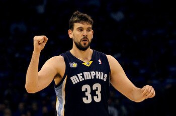 OKLAHOMA CITY, OK - MAY 01:  Marc Gasol #33 of the Memphis Grizzlies reacts against the Oklahoma City Thunder in Game One of the Western Conference Semifinals in the 2011 NBA Playoffs on May 1, 2011 at Oklahoma City Arena in Oklahoma City, Oklahoma.  NOTE