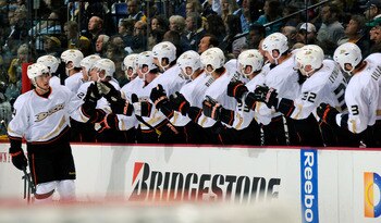 NASHVILLE, TN - APRIL 20:  Cam Fowler #4 of the Anaheim Ducks celebrates a goal with teammates against the Nashville Predators in Game Four of the Western Conference Quarterfinals during the 2011 NHL Stanley Cup Playoffs at Bridgestone Arena on April 20, 