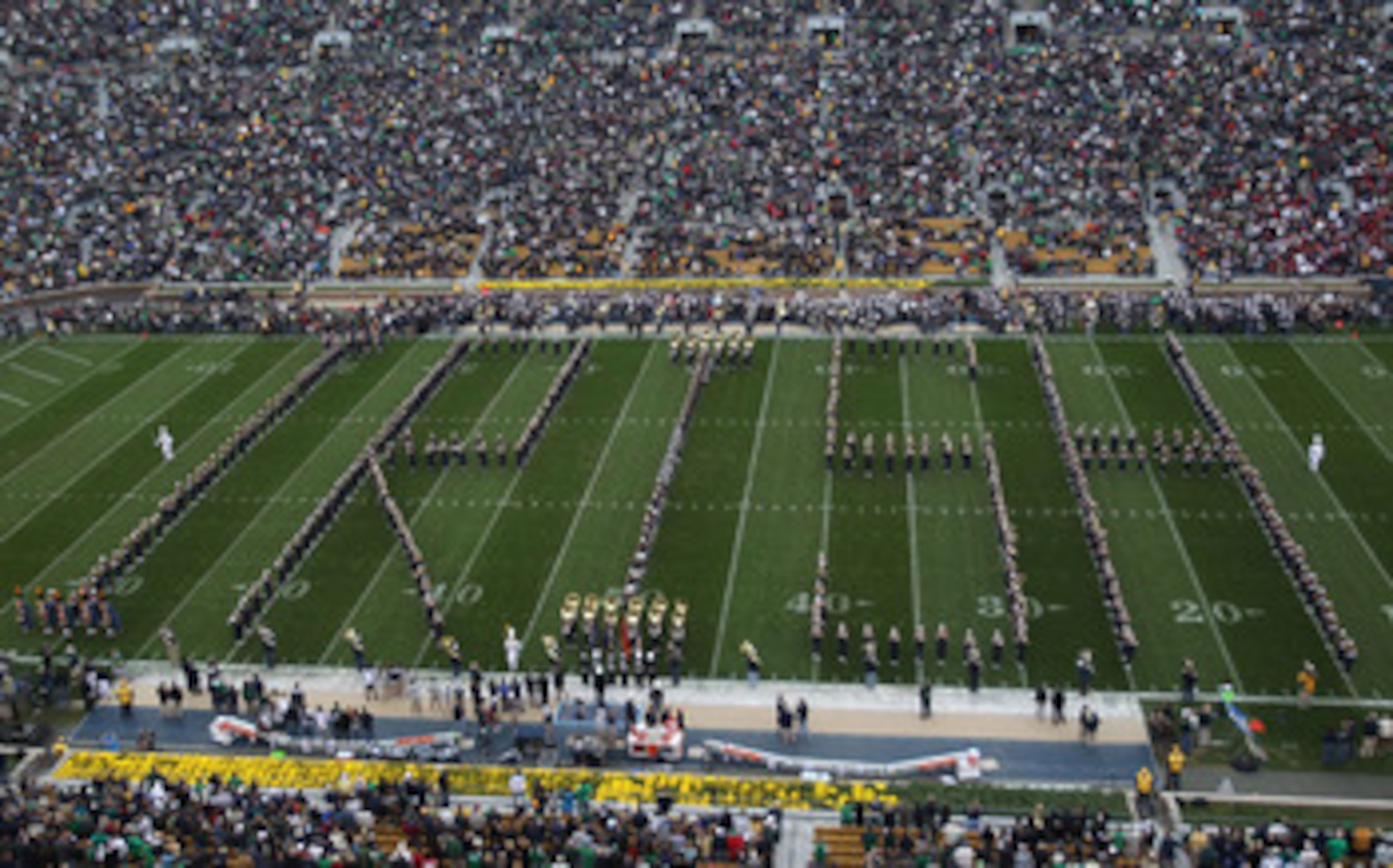 SOUTH BEND, IN - SEPTEMBER 25: Members of the Notre Dame Fighting Irish band perform before a game between Notre Dame and the Stanford Cardinal at Notre Dame Stadium on September 25, 2010 in South Bend, Indiana. Stanford defeated Notre Dame 37-14. (Photo