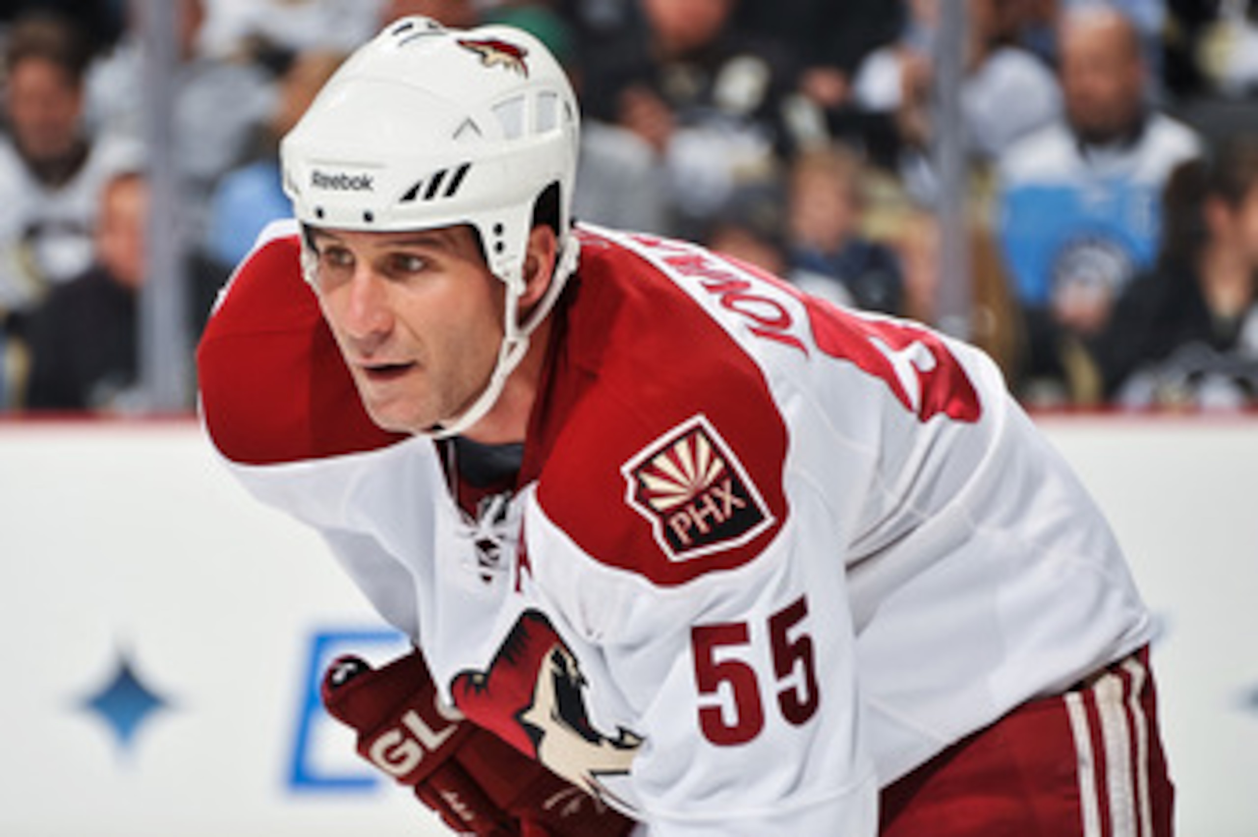 PITTSBURGH, PA - DECEMBER 20:  Ed Jovanovski #55 of the Phoenix Coyotes waits for a face off against the Pittsburgh Penguins on December 20, 2010 at CONSOL Energy Center in Pittsburgh, Pennsylvania.  (Photo by Jamie Sabau/Getty Images)