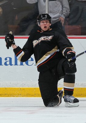 ANAHEIM, CA - APRIL 06:  Corey Perry#10 of the Anaheim Ducks celebrates his second goal of the game and 49th of the season in the second period against the San Jose Sharks at Honda Center on April 6, 2011 in Anaheim, California.  (Photo by Jeff Gross/Gett