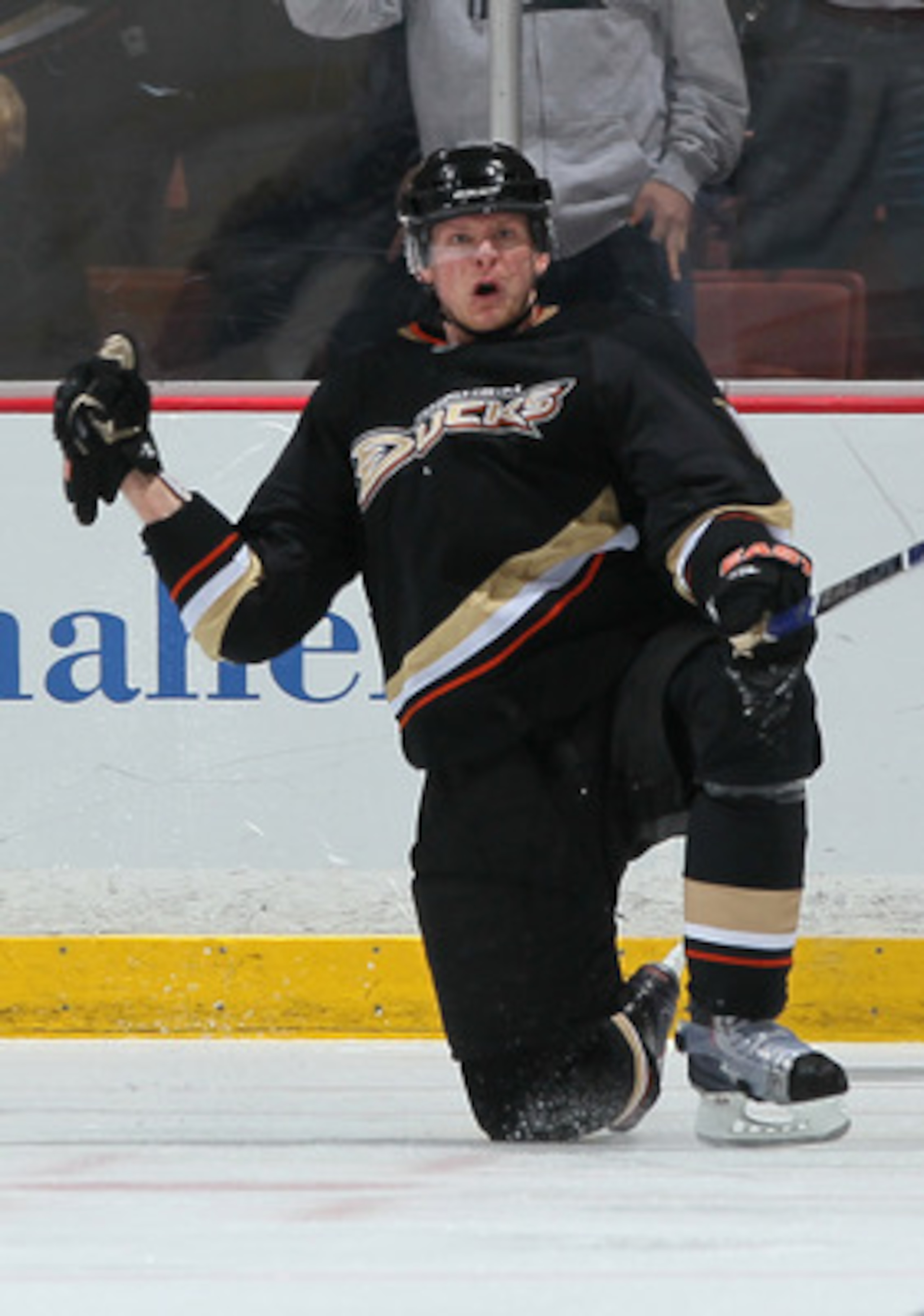 ANAHEIM, CA - APRIL 06:  Corey Perry#10 of the Anaheim Ducks celebrates his second goal of the game and 49th of the season in the second period against the San Jose Sharks at Honda Center on April 6, 2011 in Anaheim, California.  (Photo by Jeff Gross/Gett