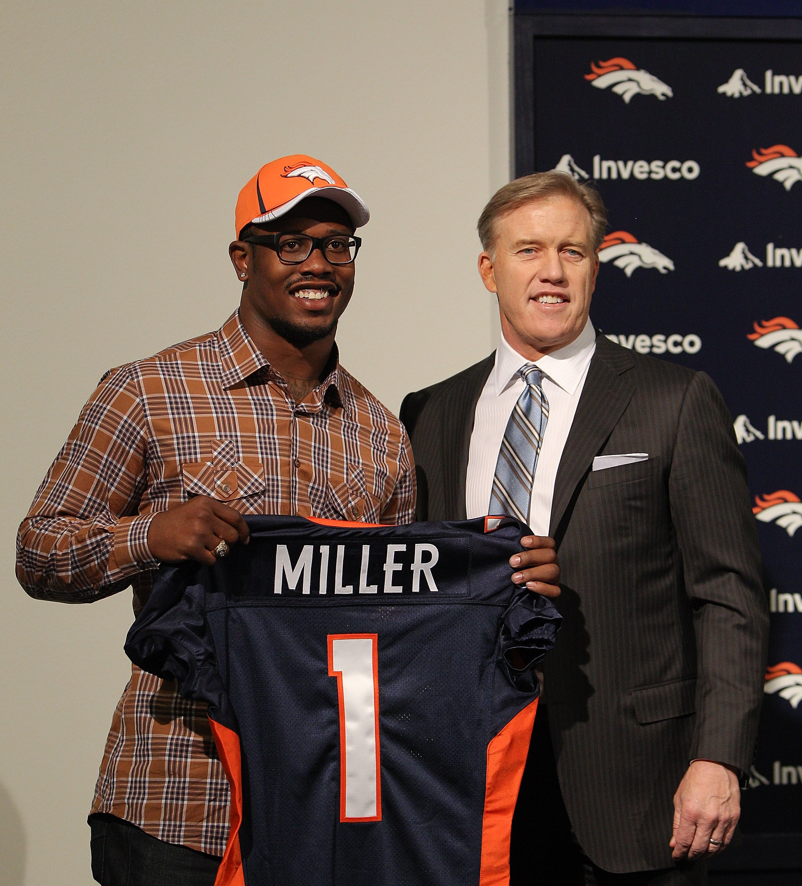 ENGLEWOOD, CO - APRIL 29:  Von Miller of the Denver Broncos is presented to the media for the first time with vice president of football operations John Elway at Dove Valley on April 29, 2011 in Englewood, Colorado. Miller, a projected outside linebacker