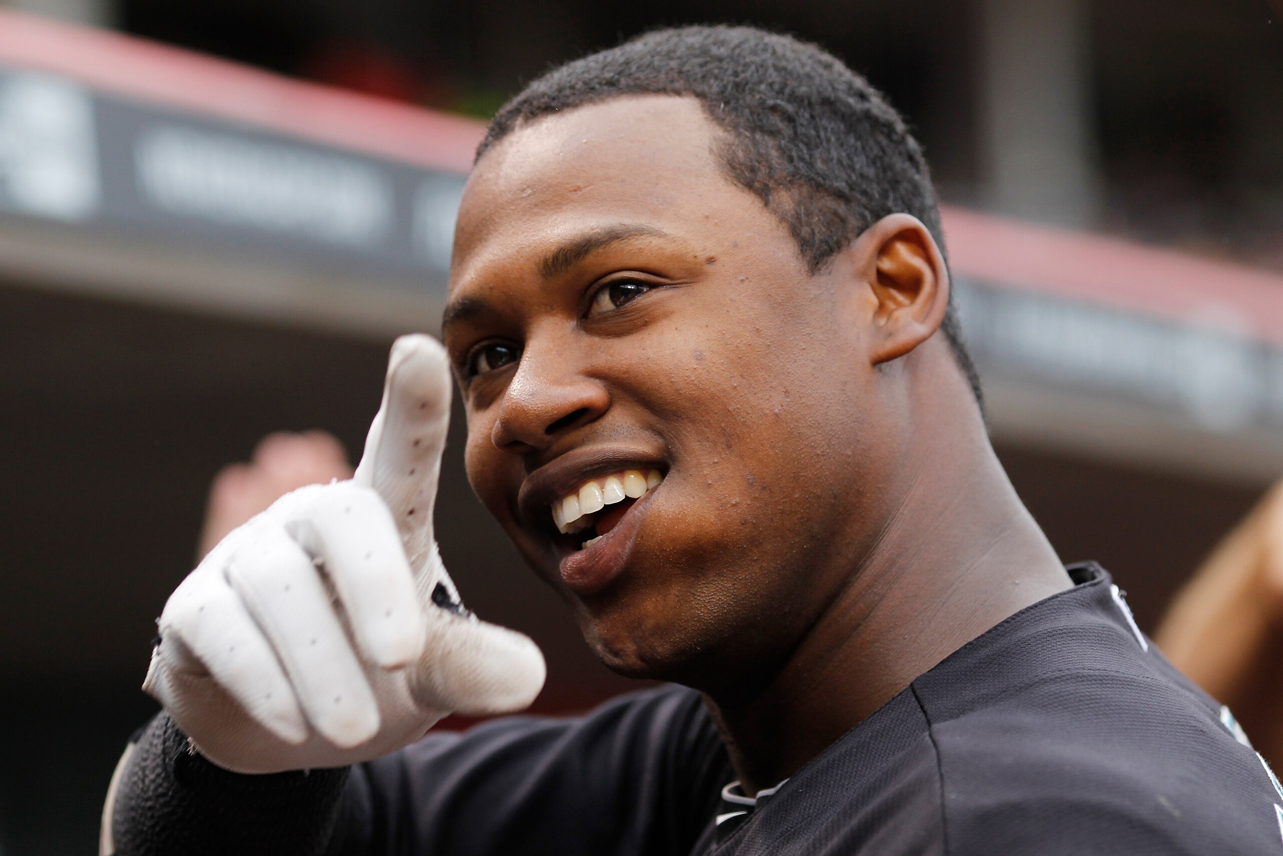 CINCINNATI, OH - MAY 1:  Hanley Ramirez #2 of the Florida Marlins acknowledges a fan after hitting a home run in the first inning against the Cincinnati Reds at Great American Ball Park on May 1, 2011 in Cincinnati, Ohio. The Marlins defeated the Reds 9-5