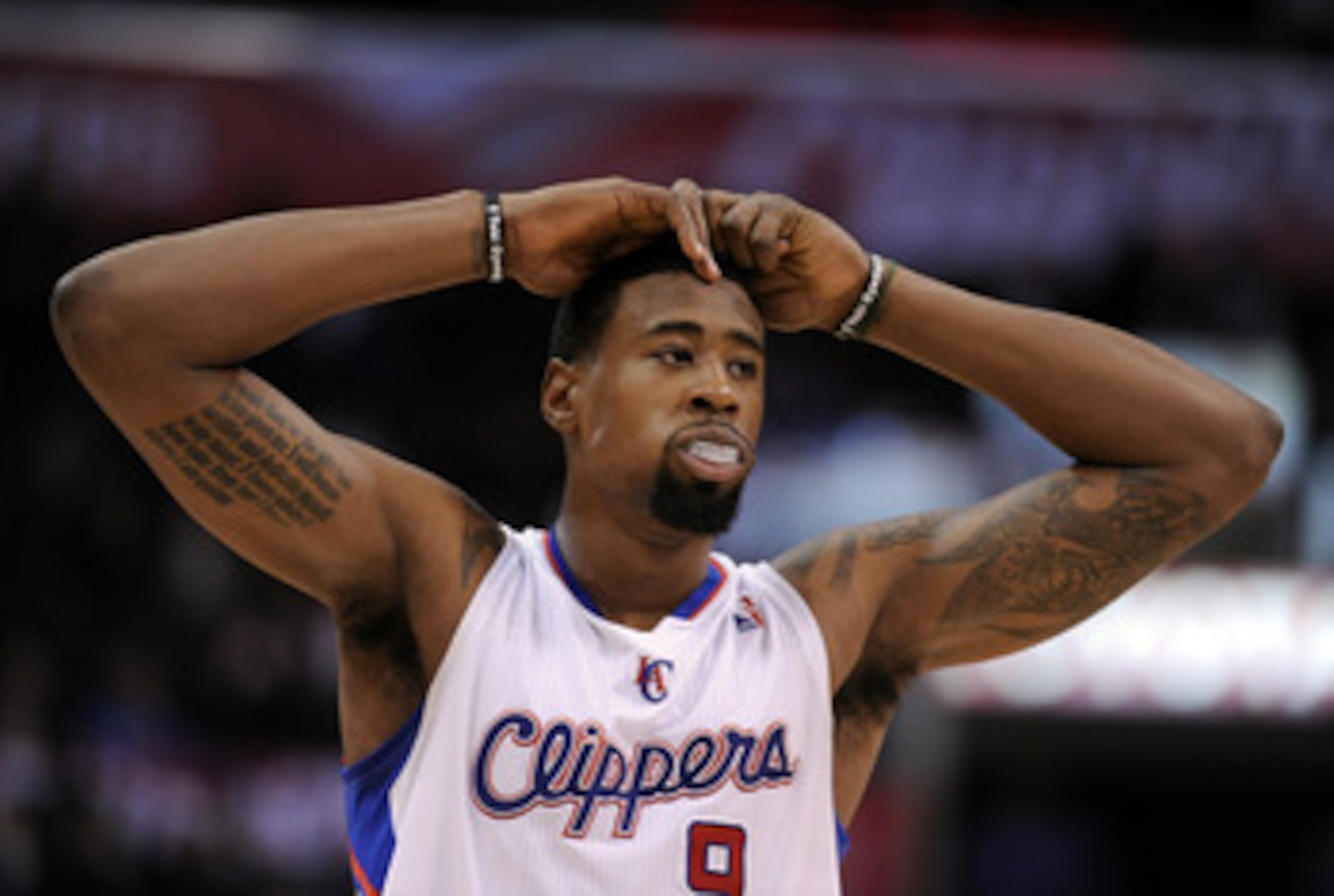 LOS ANGELES, CA - DECEMBER 01:  DeAndre Jordan #9 of the Los Angeles Clippers reacts after two missed free throws against the San Antonio Spurs at the Staples Center on December 1, 2010 in Los Angeles, California.  NOTE TO USER: User expressly acknowledge