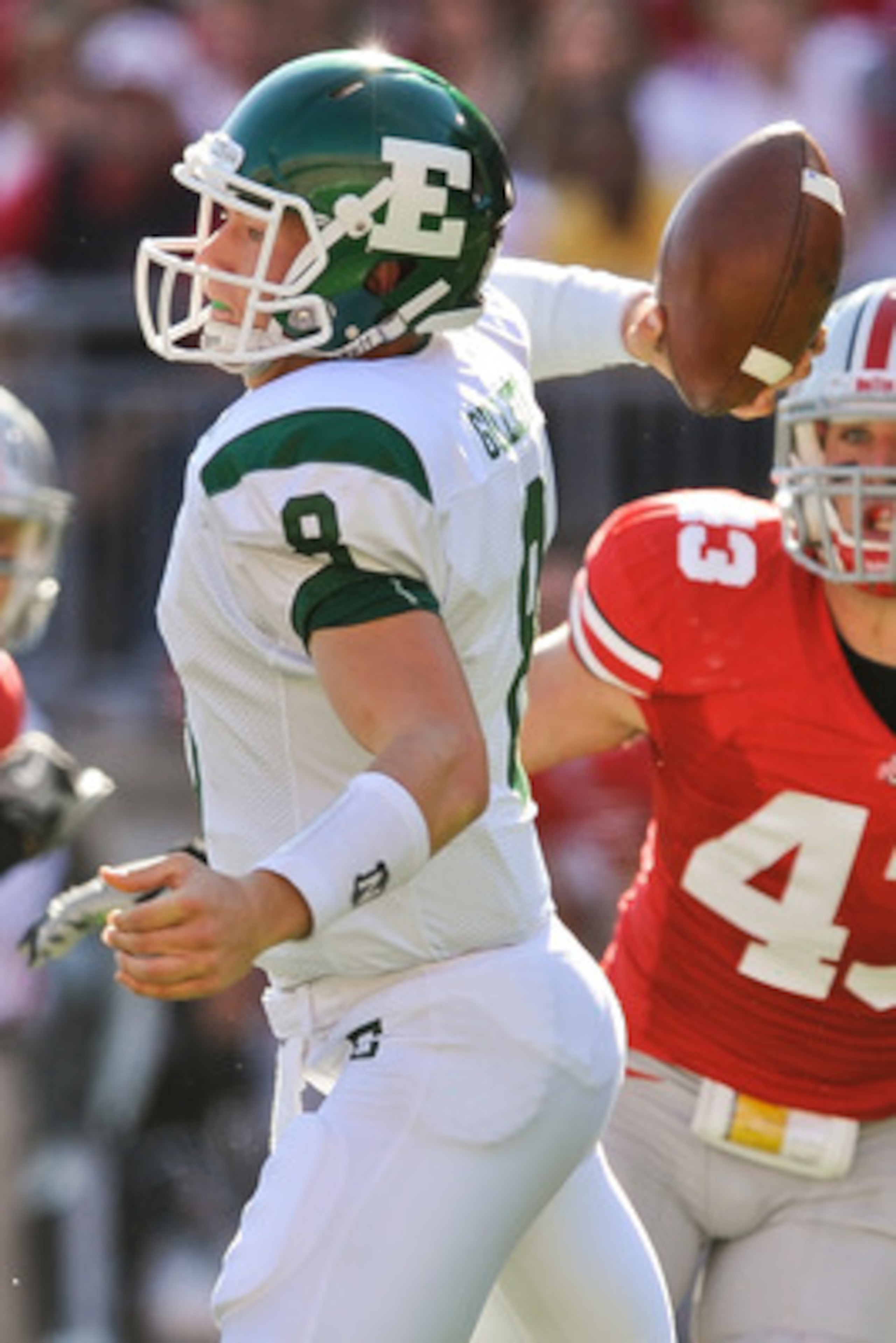 COLUMBUS, OH - SEPTEMBER 25:  Quarterback Alex Gillett #8 of the Eastern Michigan Eagles passes against the Ohio State Buckeyes at Ohio Stadium on September 25, 2010 in Columbus, Ohio.  Ohio State won 73-20. (Photo by Jamie Sabau/Getty Images)