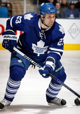 TORONTO, CANADA - FEBRUARY 26: Brett Lebda #23 of the Toronto Maple Leafs skates up the ice during the game against the Pittsburgh Penguins at the Air Canada Centre February 26, 2011 in Toronto, Ontario, Canada. (Photo by Abelimages/Getty Images)