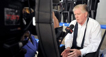 TORONTO, ON - AUGUST 18: Toronto Maple Leafs General Manager Brian Burke speaks to the media during the afternoon session of the 2010 NHL Research, Development and Orientation Camp at the Mastercard Center on August 18, 2010 in Toronto, Canada.  (Photo by