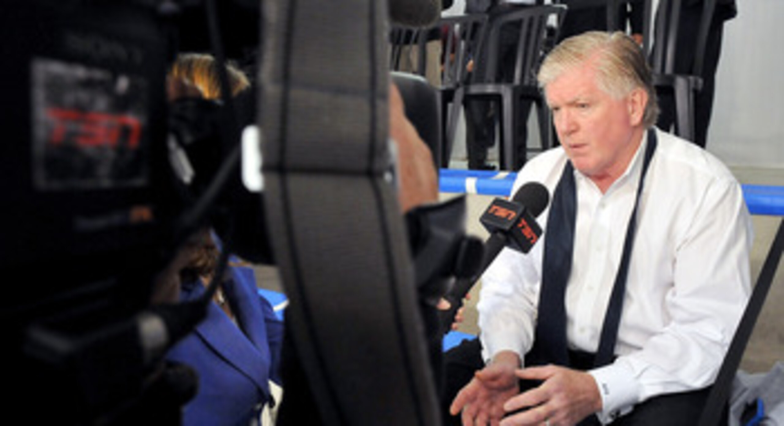 TORONTO, ON - AUGUST 18: Toronto Maple Leafs General Manager Brian Burke speaks to the media during the afternoon session of the 2010 NHL Research, Development and Orientation Camp at the Mastercard Center on August 18, 2010 in Toronto, Canada.  (Photo by