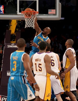 LOS ANGELES, CA - APRIL 17:  Carl Landry #24 of the New Orleans Hornets dunks against the Los Angeles Lakers in Game One of the Western Conference Quarterfinals in the 2011 NBA Playoffs on April 17, 2011 at Staples Center in Los Angeles, California. NOTE 