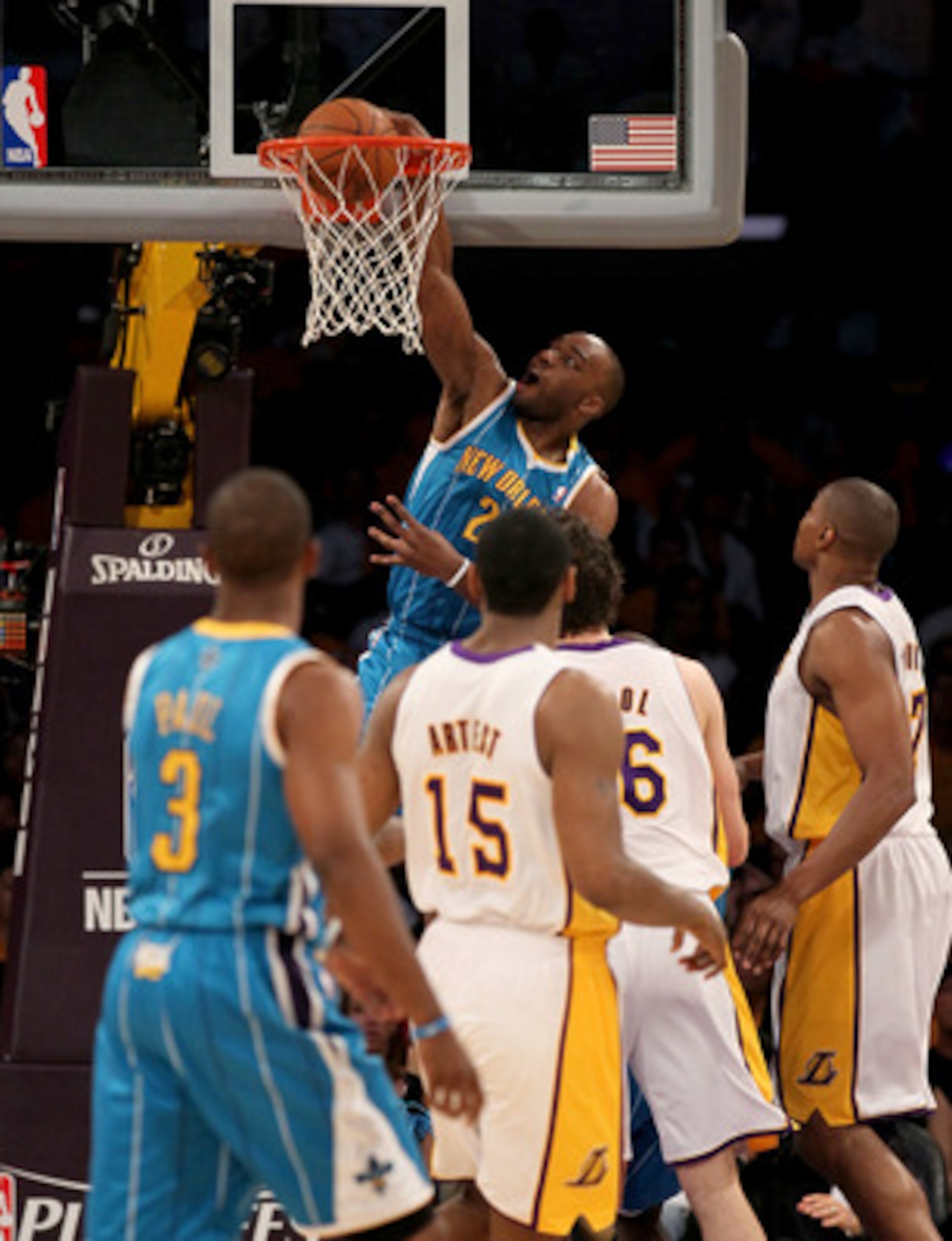 LOS ANGELES, CA - APRIL 17:  Carl Landry #24 of the New Orleans Hornets dunks against the Los Angeles Lakers in Game One of the Western Conference Quarterfinals in the 2011 NBA Playoffs on April 17, 2011 at Staples Center in Los Angeles, California. NOTE 