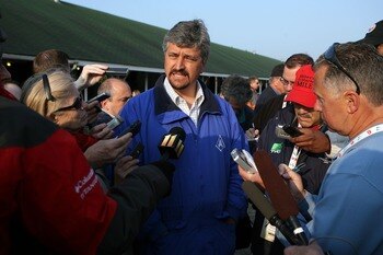 LOUISVILLE, KY - APRIL 28:  Steve Asmussen the trainer of Pyro talks to the media during the morning training for the Kentucky Derby on April 28, 2008 at Churchill Downs in Louisville, Kentucky.  (Photo by Andy Lyons/Getty Images)