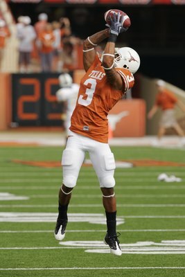 AUSTIN, TX - NOVEMBER 07:  Cornerback Curtis Brown #3 of the Texas Longhorns practices before a game against the UCF Knights on November 7, 2009 at Darrell K Royal - Texas Memorial Stadium in Austin, Texas.  Texas won 35-3.  (Photo by Brian Bahr/Getty Ima