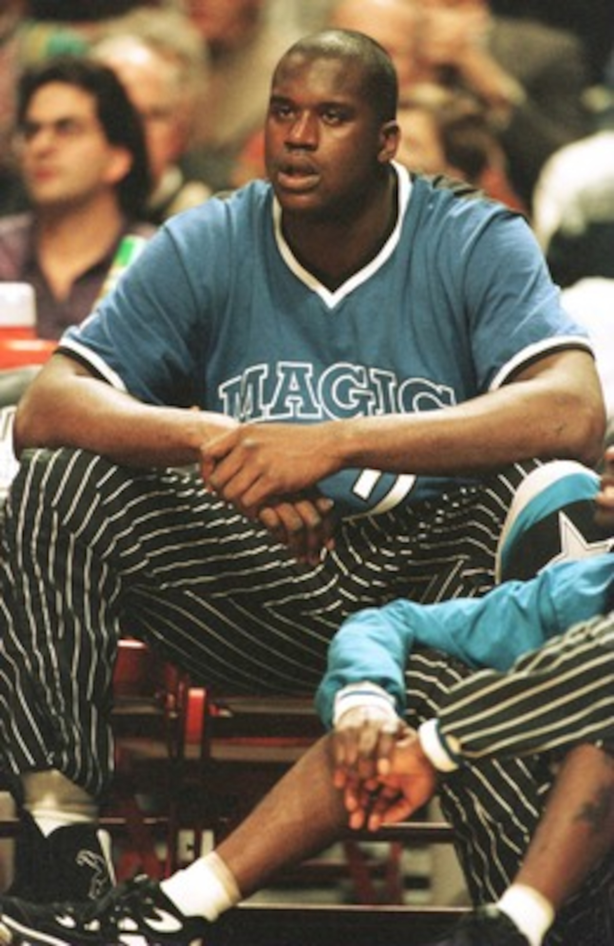 13 DEC 1995:  ORLANDO SHAQUILLE O''NEAL WATCHES FROM THE SIDELINE DURING FIRST QUARTER OF THE MAGIC'S GAME VERSUS THE CHICAGO BULLS AT THE UNITED CENTER IN CHICAGO, ILLINOIS.  Mandatory Credit: Jonathan Daniel/ALLSPORT