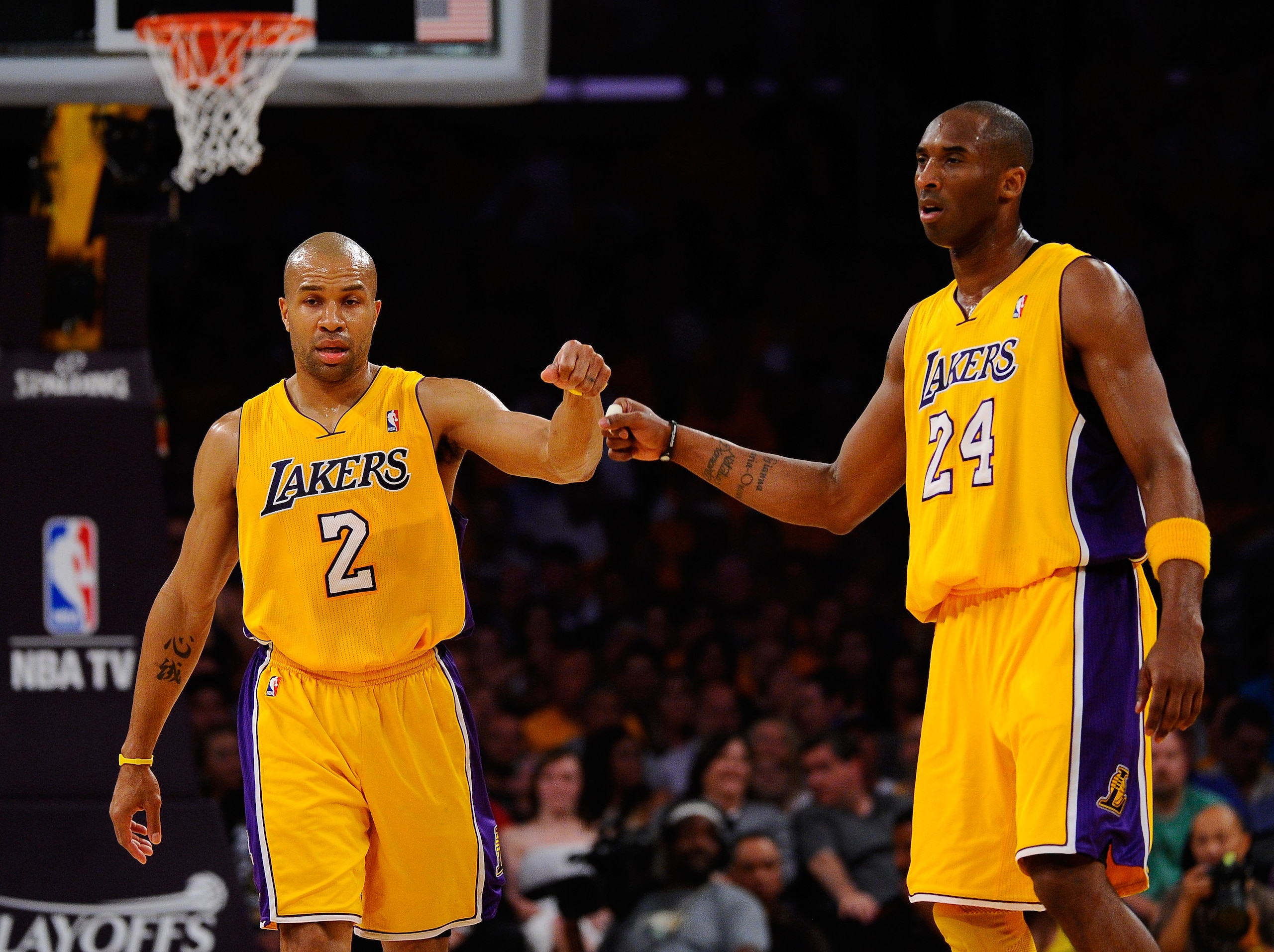 LOS ANGELES, CA - MAY 02:  Derek Fisher #2 and Kobe Bryant #24 of the Los Angeles Lakers react in the second half while taking on the Dallas Mavericks in Game One of the Western Conference Semifinals in the 2011 NBA Playoffs at Staples Center on May 2, 20