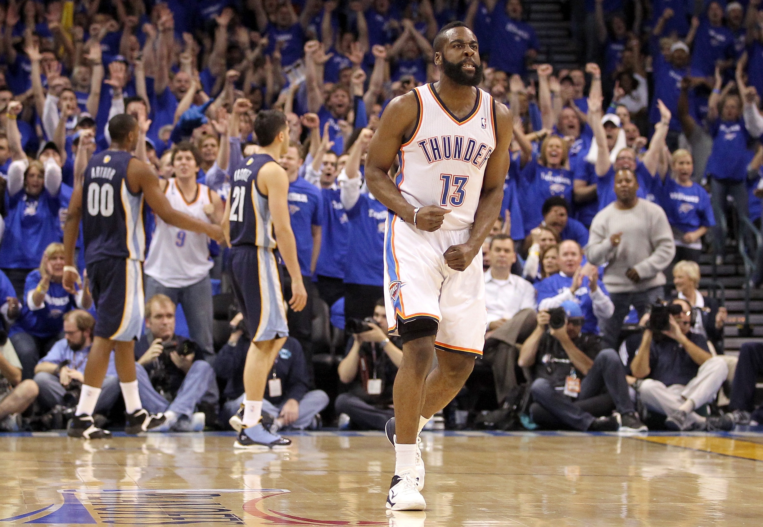 OKLAHOMA CITY, OK - MAY 03:  James Harden #13 of the Oklahoma City Thunder reacts at the end of the first quarter while taking on the Memphis Grizzlies in Game Two of the Western Conference Semifinals in the 2011 NBA Playoffs on May 3, 2011 at Oklahoma Ci