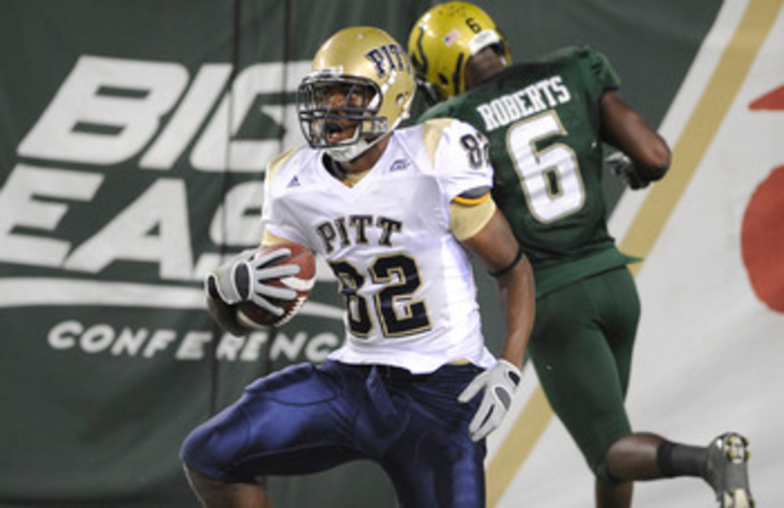 TAMPA, FL - OCTOBER 2:  Wide receiver Jonathan Baldwin #82 of the Pittsburgh Panthers grabs a pass for a touchdown against the University of South Florida Bulls at Raymond James Stadium on October 2, 2008 in Tampa, Florida.  (Photo by Al Messerschmidt/Get