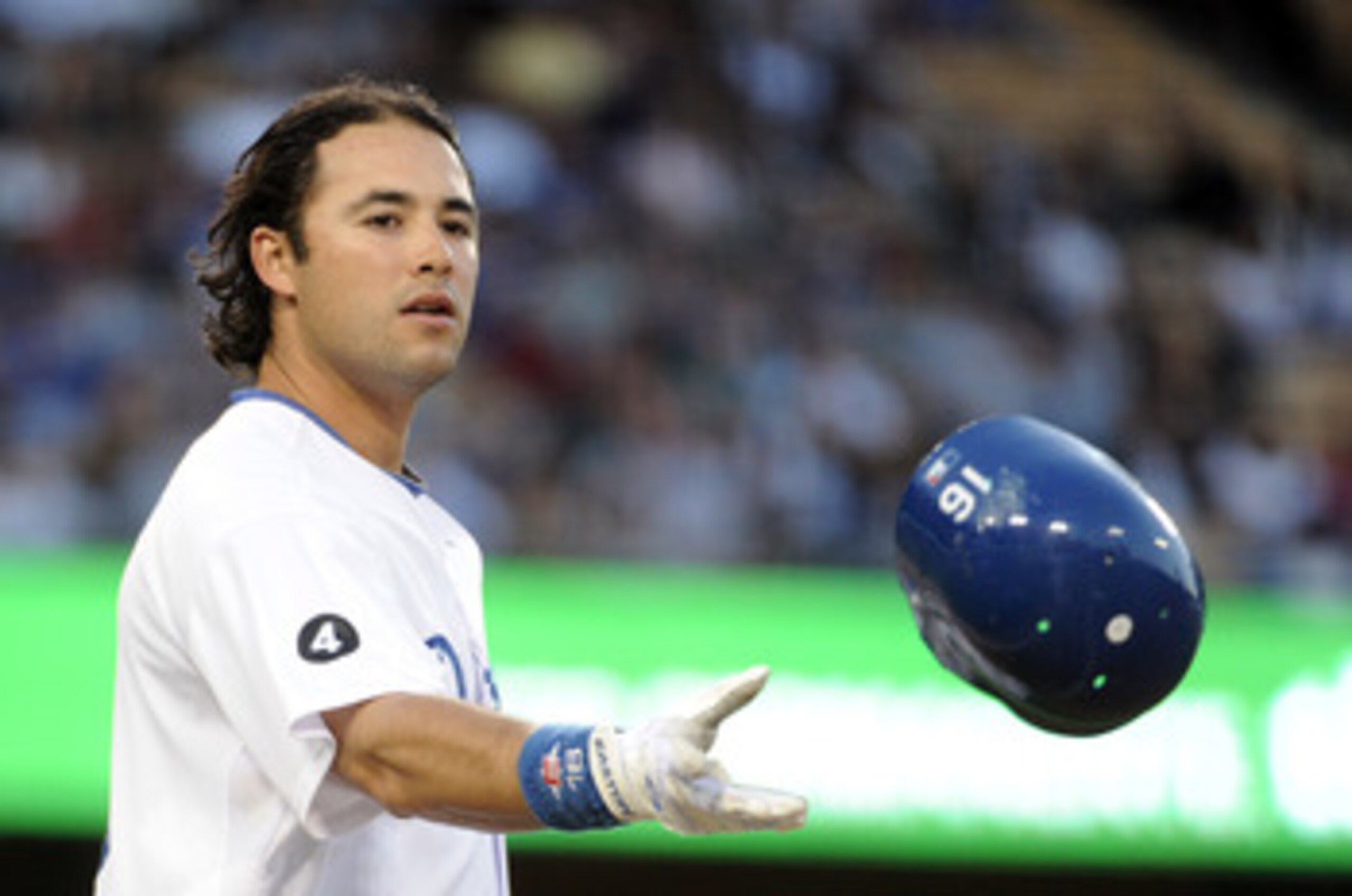 LOS ANGELES, CA - APRIL 30:  Andre Ethier #16 of the Los Angeles Dodgers tosses his helmet in reaction to his strikeout against the San Diego Padres during the first inning at Dodger Stadium on April 30, 2011 in Los Angeles, California.  (Photo by Harry H