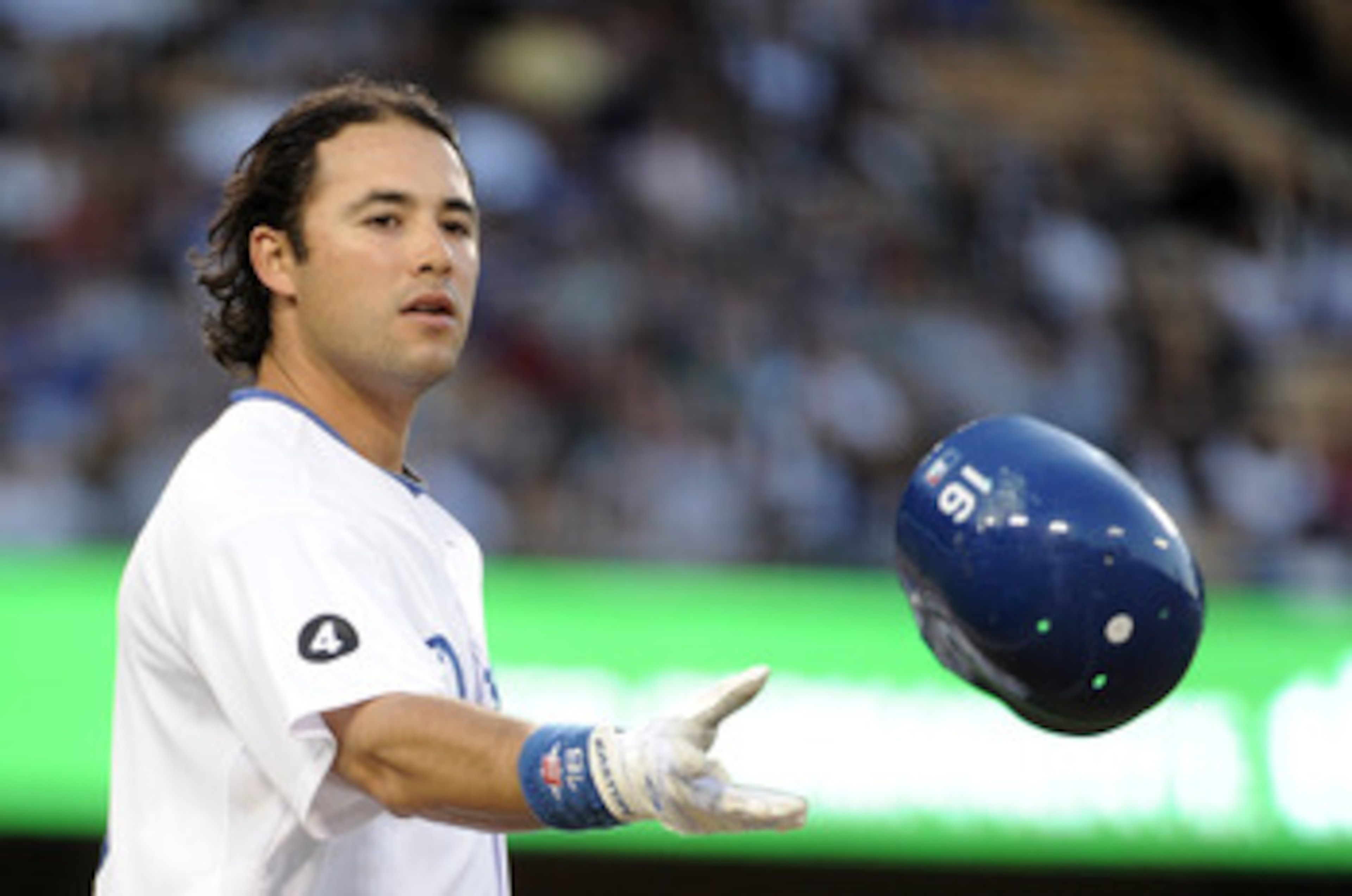 LOS ANGELES, CA - APRIL 30:  Andre Ethier #16 of the Los Angeles Dodgers tosses his helmet in reaction to his strikeout against the San Diego Padres during the first inning at Dodger Stadium on April 30, 2011 in Los Angeles, California.  (Photo by Harry H