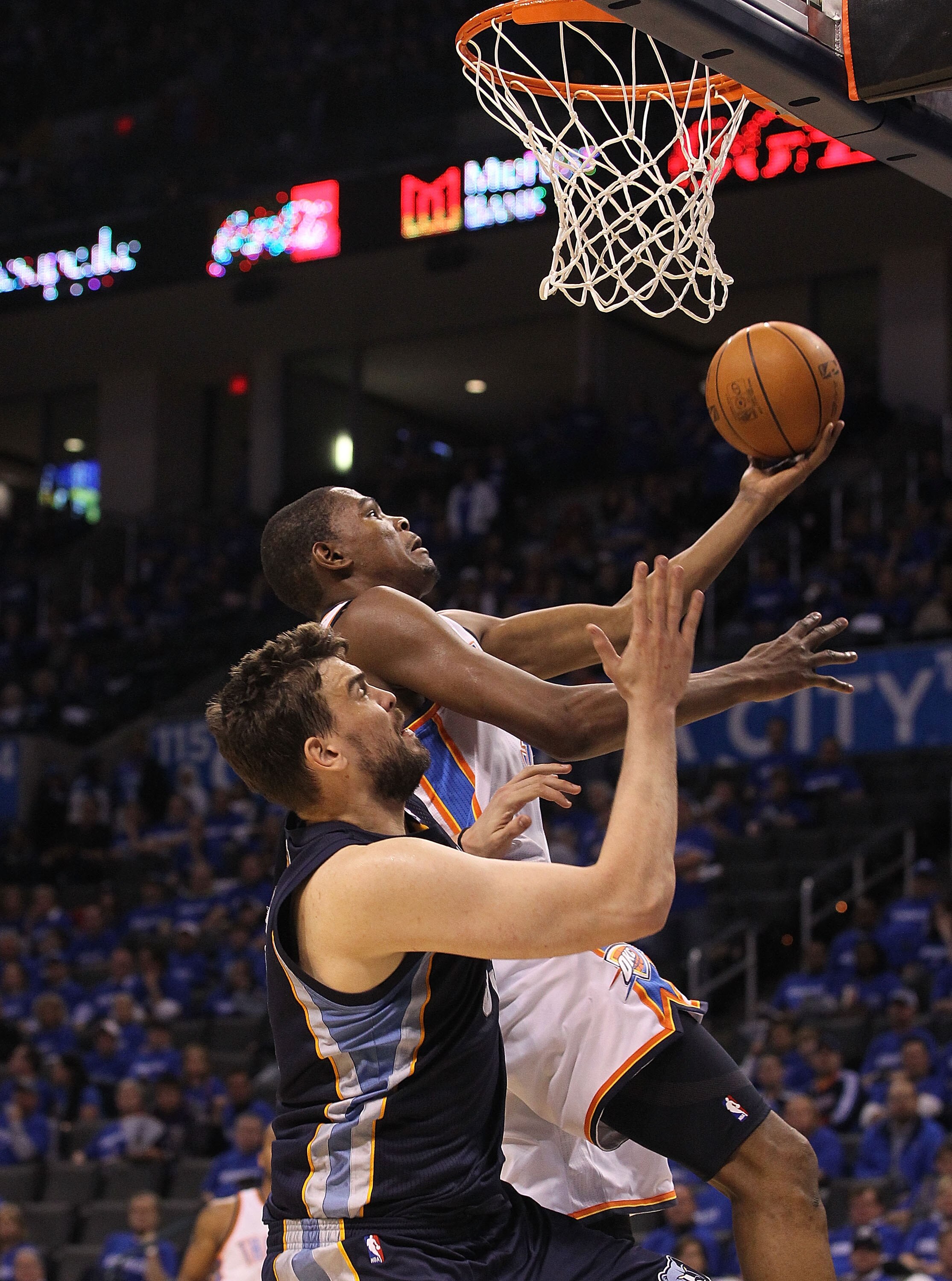 OKLAHOMA CITY, OK - MAY 01:  Forward Kevin Durant #35 of the Oklahoma City Thunder takes a shot against Marc Gasol #33 of the Memphis Grizzlies in Game One of the Western Conference Semifinals in the 2011 NBA Playoffs on May 1, 2011 at Oklahoma City Arena