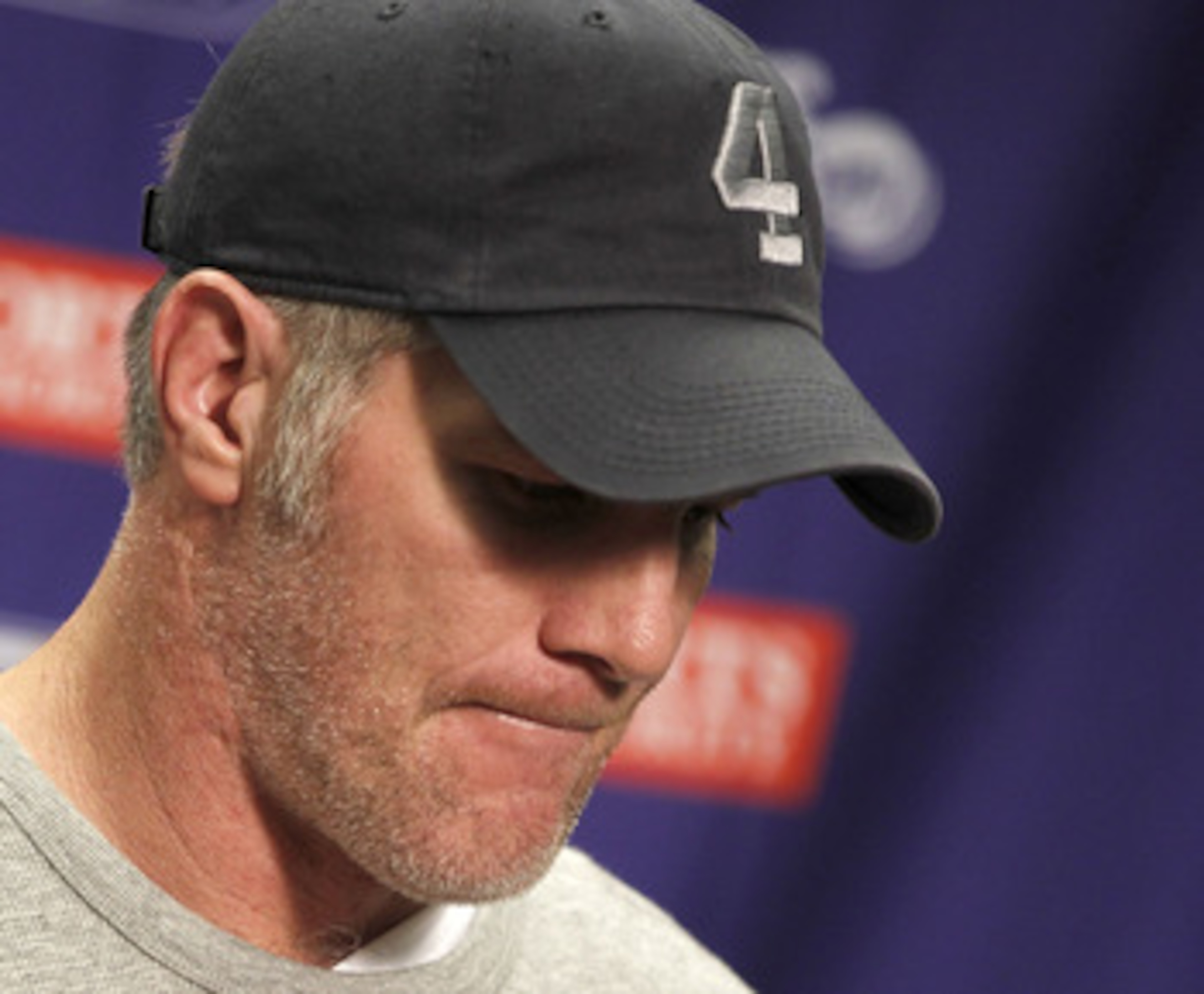 DETROIT, MI - JANUARY 02: Brett Favre #4 of the Minnesota Vikings talks at a post game press conference after a 13-20 loss to the Detroit Lions at Ford Field on January 2, 2011 in Detroit, Michigan. (Photo by Gregory Shamus/Getty Images) DETROIT, MI - JANUARY 02: Brett Favre #4 of the Minnesota Vikings talks at a post game press conference after a 13-20 loss to the Detroit Lions at Ford Field on January 2, 2011 in Detroit, Michigan. (Photo by Gregory Shamus/Getty Images)