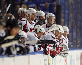 TAMPA, FL - MAY 03: The Washington Capitals watch the closing minute of play in their 3-2 loss to the Tampa Bay Lightning in Game Three of the Eastern Conference Semifinals during the 2011 NHL Stanley Cup Playoffs at St Pete Times Forum on May 3, 2011 in 