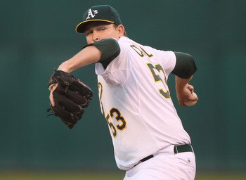 OAKLAND, CA - AUGUST 19:  Trevor Cahill #53 of the Oakland Athletics pitches against the Tampa Bay Rays during an MLB game at the Oakland-Alameda County Coliseum on August 19, 2010 in Oakland, California.  (Photo by Jed Jacobsohn/Getty Images)