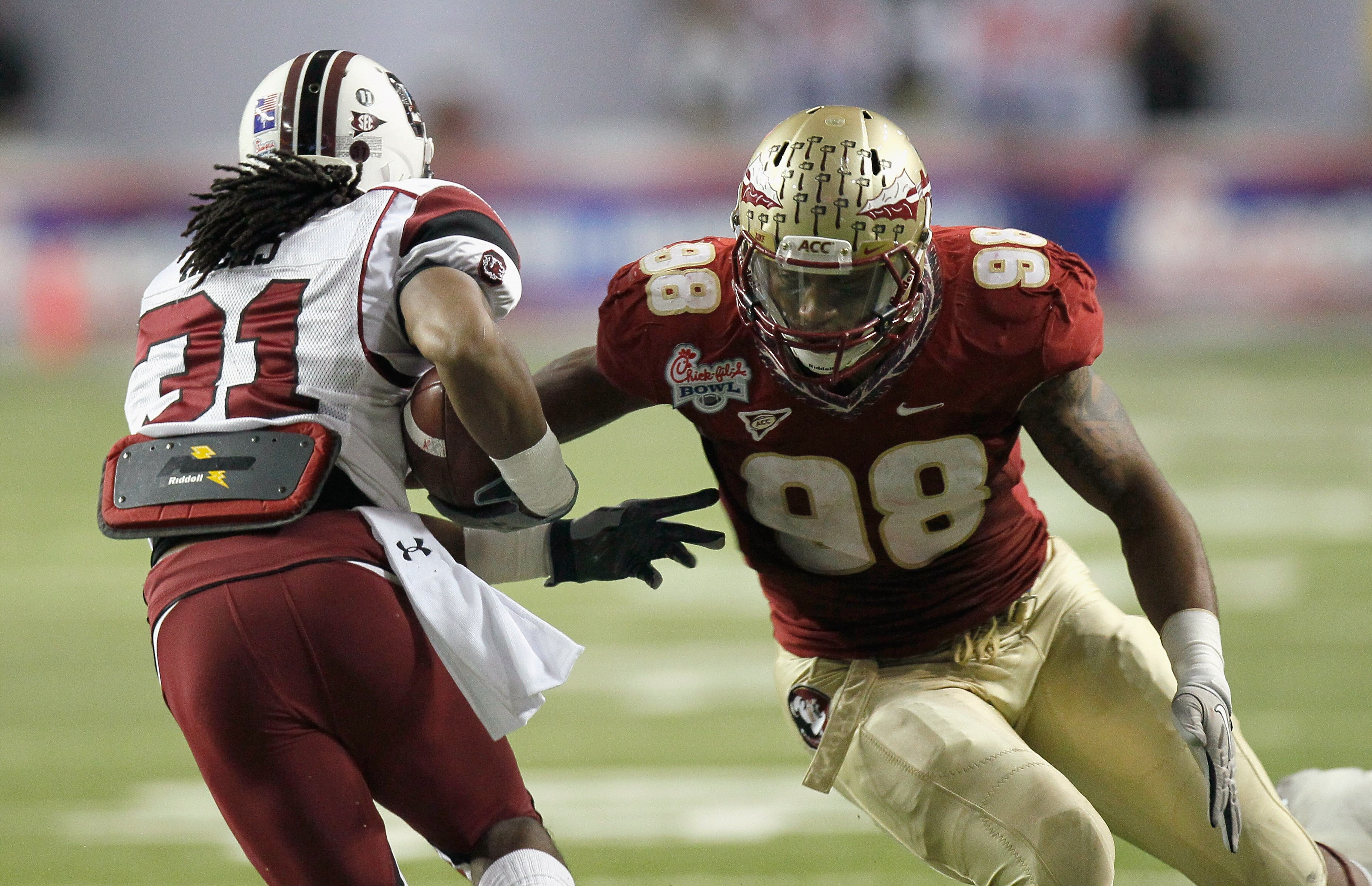 ATLANTA, GA - DECEMBER 31:  Markus White #98 of the Florida State Seminoles against the South Carolina Gamecocks during the 2010 Chick-fil-A Bowl at Georgia Dome on December 31, 2010 in Atlanta, Georgia.  (Photo by Kevin C. Cox/Getty Images)