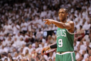 MIAMI, FL - MAY 01: Rajon Rondo #9 of the Boston Celtics points during Game One of the Eastern Conference Semifinals of the 2011 NBA Playoffs against the Miami Heat at American Airlines Arena on May 1, 2011 in Miami, Florida. NOTE TO USER: User expressl MIAMI, FL - MAY 01: Rajon Rondo #9 of the Boston Celtics points during Game One of the Eastern Conference Semifinals of the 2011 NBA Playoffs against the Miami Heat at American Airlines Arena on May 1, 2011 in Miami, Florida. NOTE TO USER: User expressl