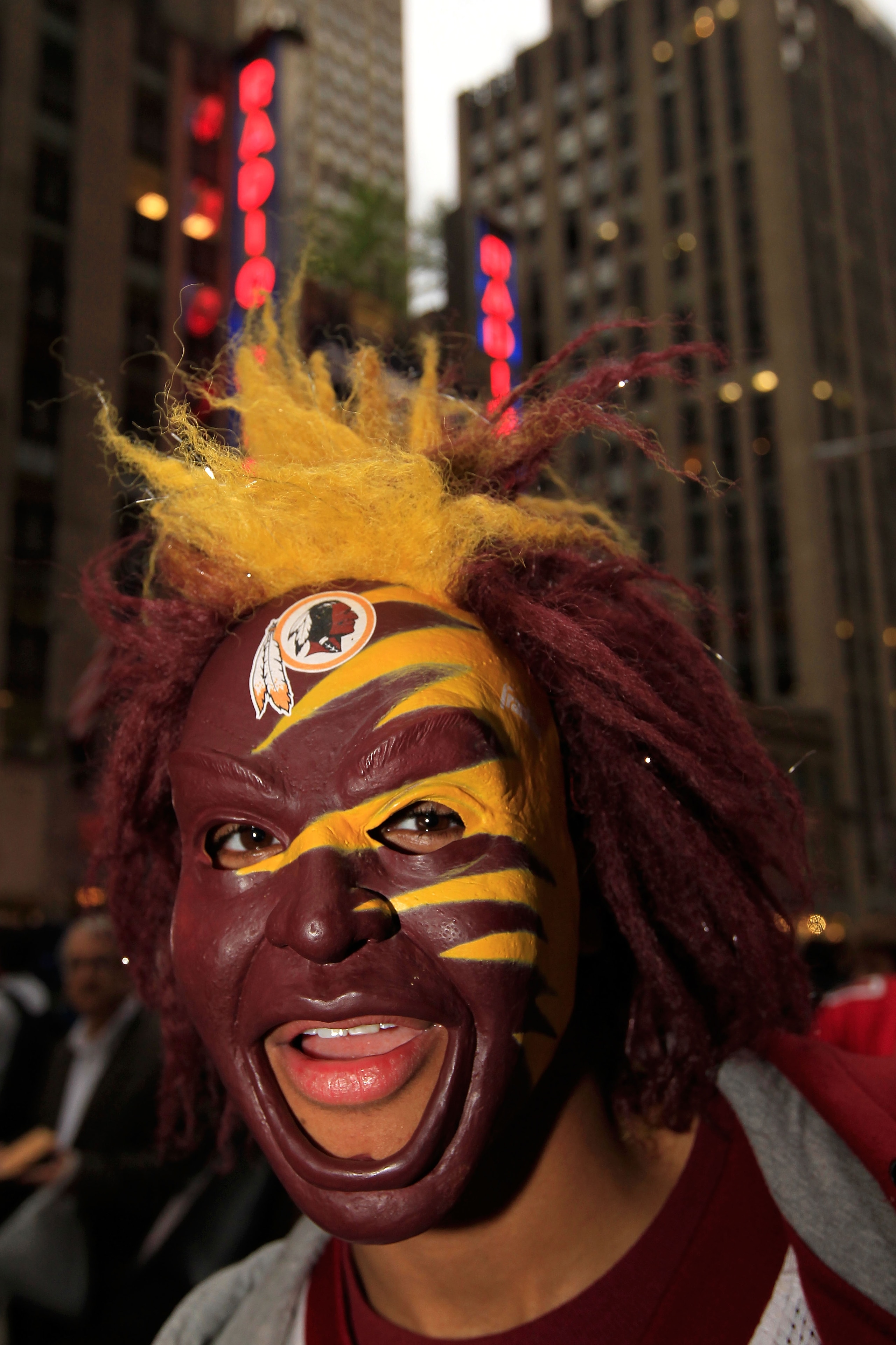 NEW YORK, NY - APRIL 28:  A fan of the Washington Redskins shows support for his team outside Radio City Music Hall prior to the start of the 2011 NFL Draft at Radio City Music Hall on April 28, 2011 in New York City.  (Photo by Chris Trotman/Getty Images