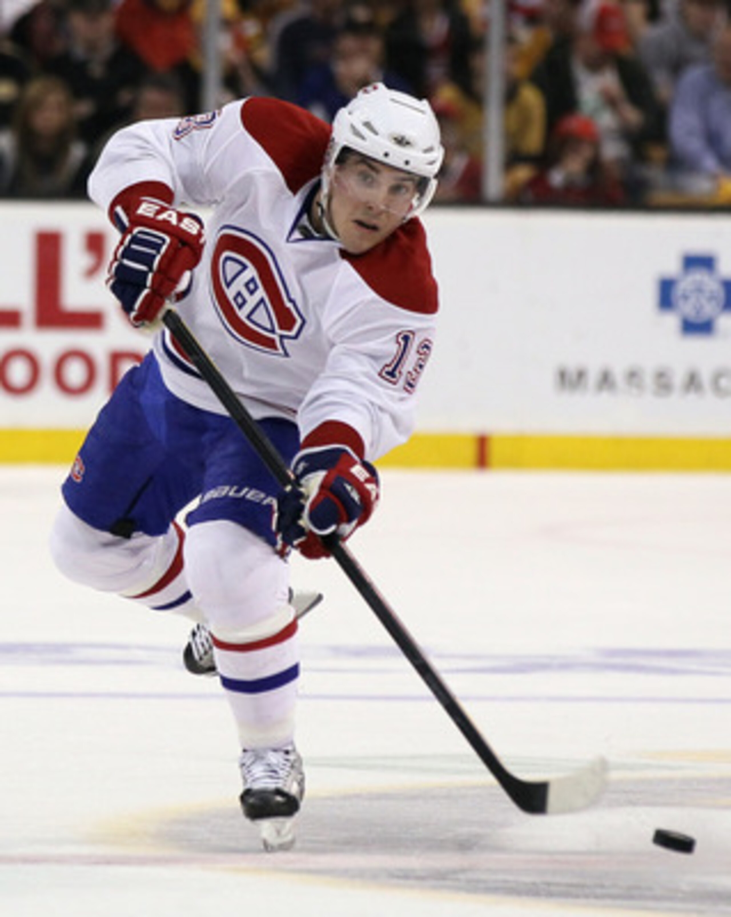 BOSTON, MA - APRIL 23:  Mike Cammalleri #13 of the Montreal Canadiens takes a shot in the second period against the Boston Bruins in Game Five of the Eastern Conference Quarterfinals during the 2011 NHL Stanley Cup Playoffs at TD Garden on April 23, 2011 